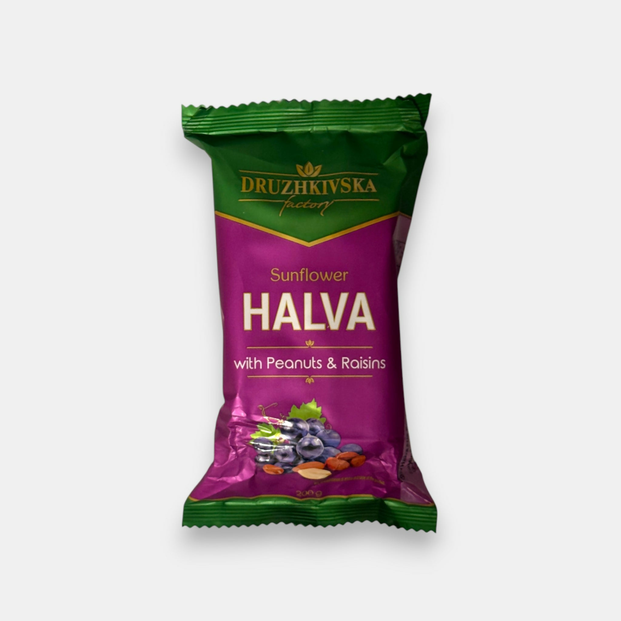 Vue de face d’un sachet de halva aux raisins secs et cacahuètes, 200 g, friandise traditionnelle d’épicerie slave Pomo.bio avec livraison rapide à Paris.