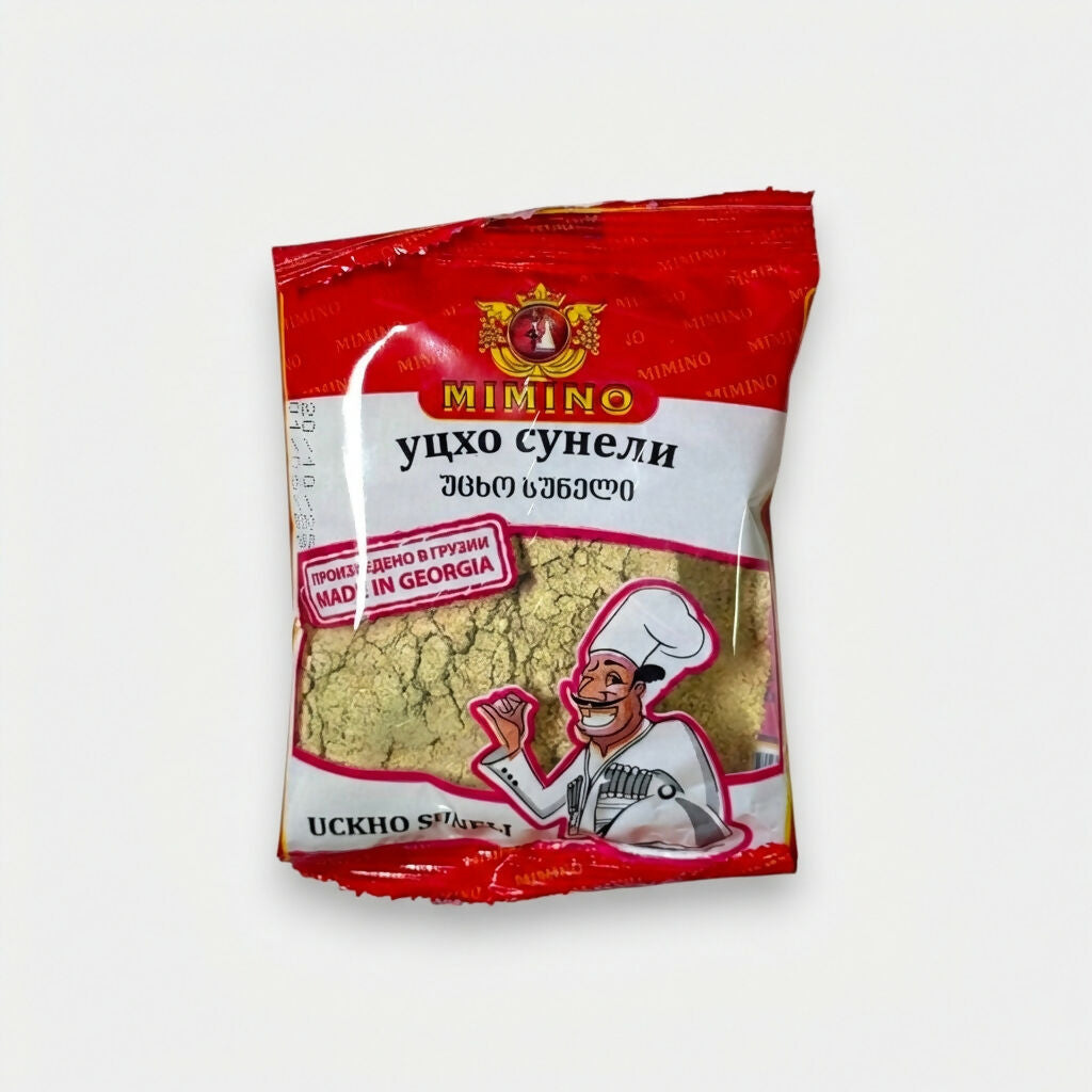 Épice utskho suneli Mimino en sachet, mélange géorgien aromatique à base de fenugrec bleu, spécialité d’épicerie slave disponible sur Pomo.bio avec livraison rapide à Paris