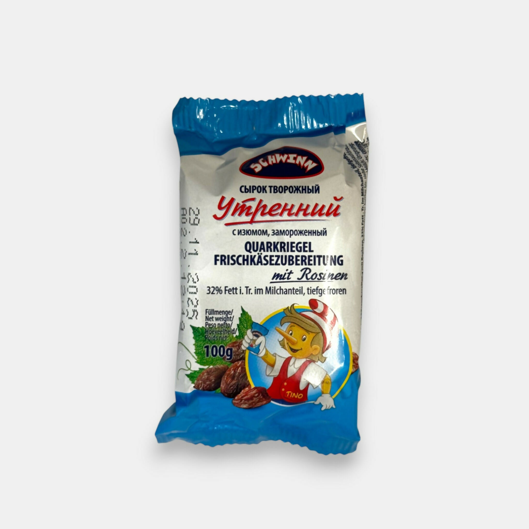 Barre au fromage frais Utrennij aux raisins secs Schwinn surgelée 100g, vue de face