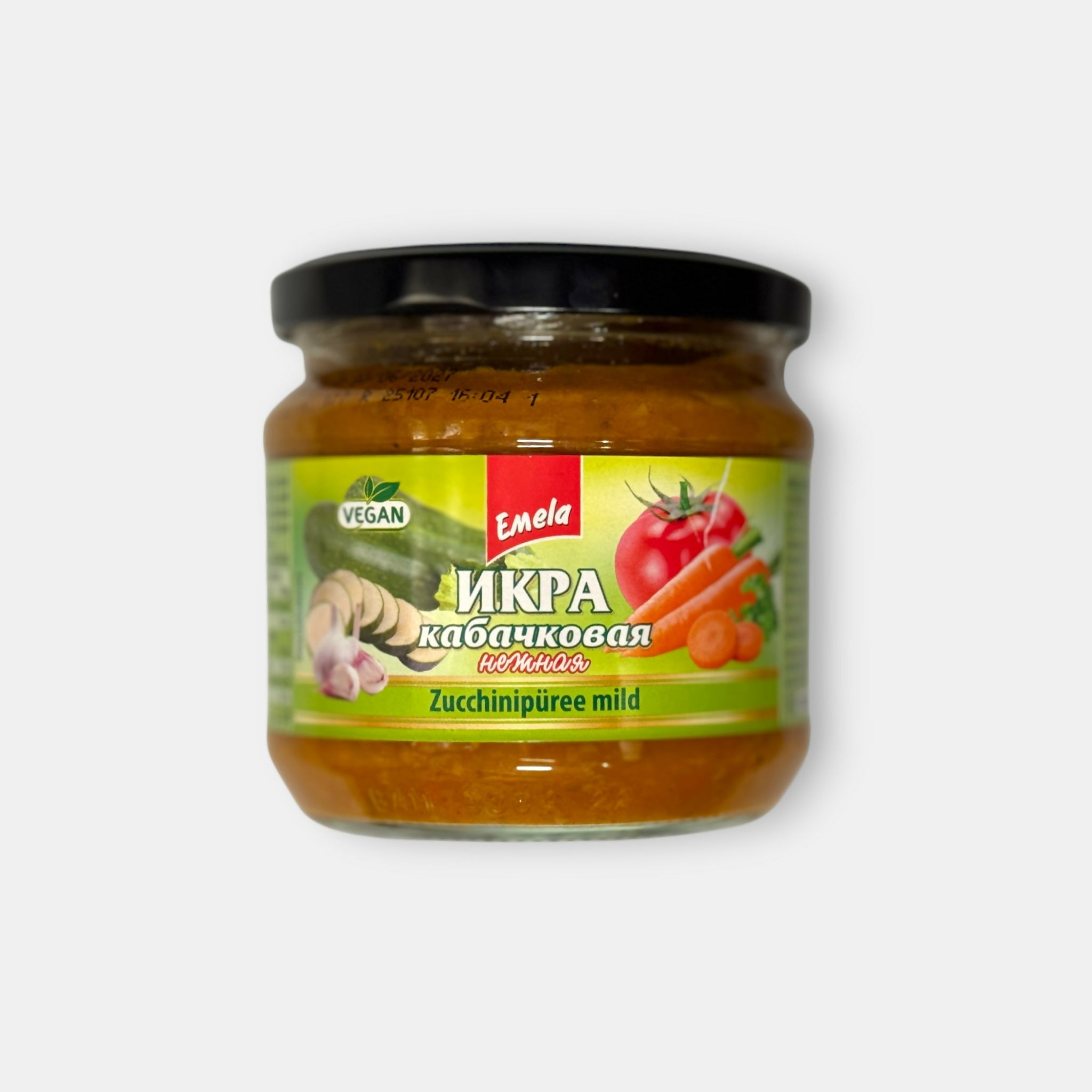 Pot de purée de courgette « Nejnaya » Emela 350 g, vue de face, caviar de légumes prêt à tartiner — Pomo.bio.