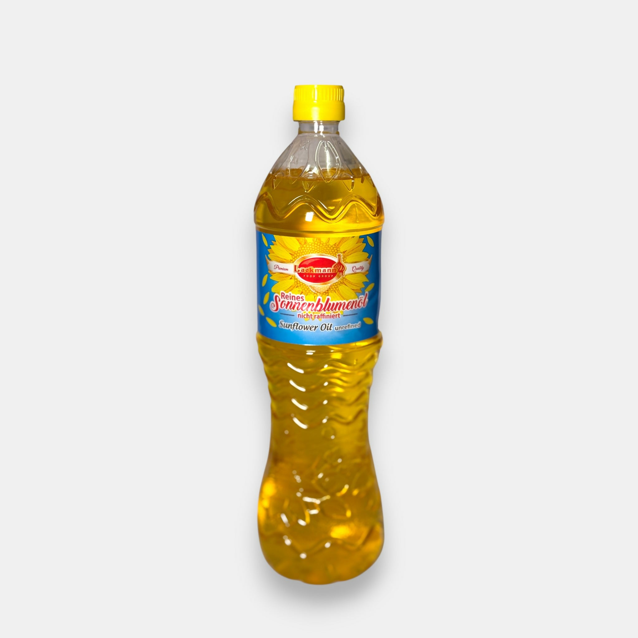 Bouteille d’huile de tournesol non raffinée «Lackmann», 850 ml — huile pressée à froid pour salades et plats traditionnels. Disponible sur Pomo.bio.