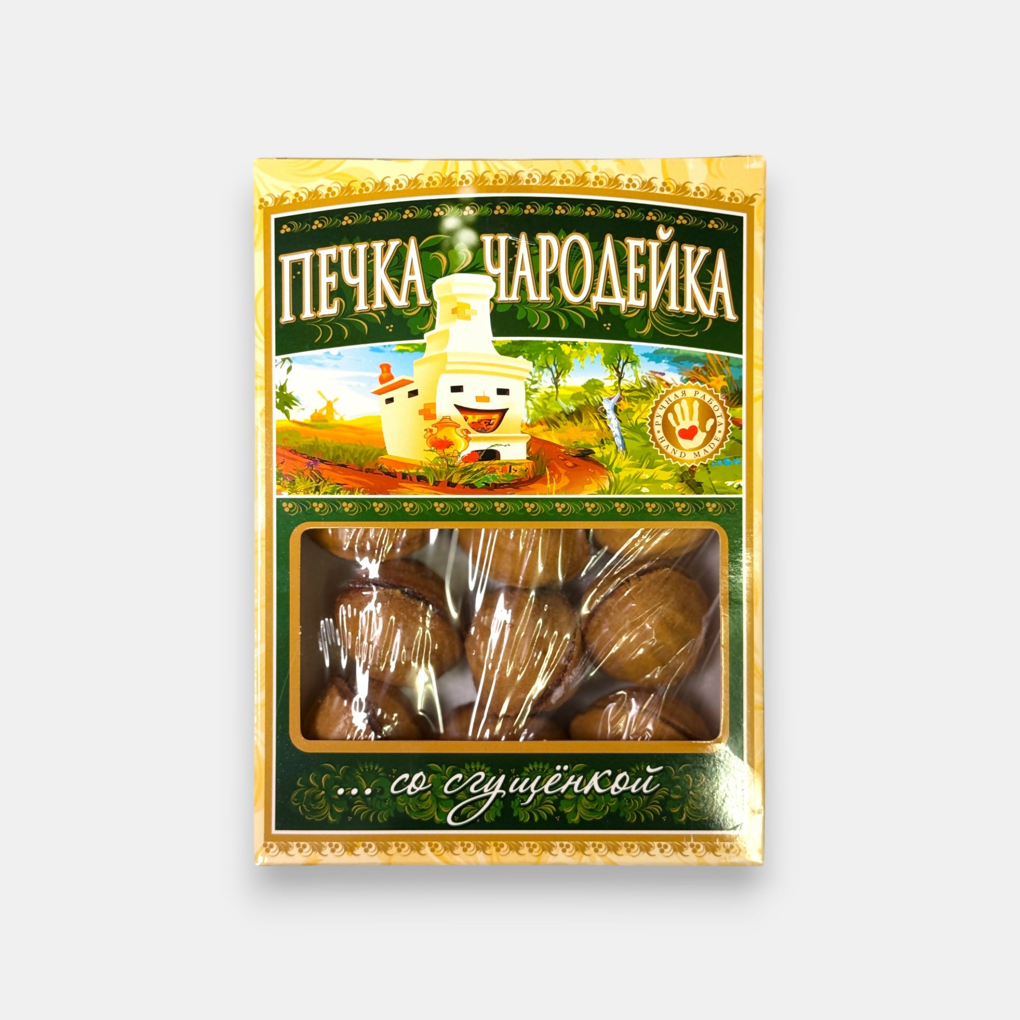 Biscuits «Pechka Charodeyka» en forme de noix, garnis de lait concentré sucré caramélisé, 300 g — saveur authentique de l’enfance. Disponible sur Pomo.bio.