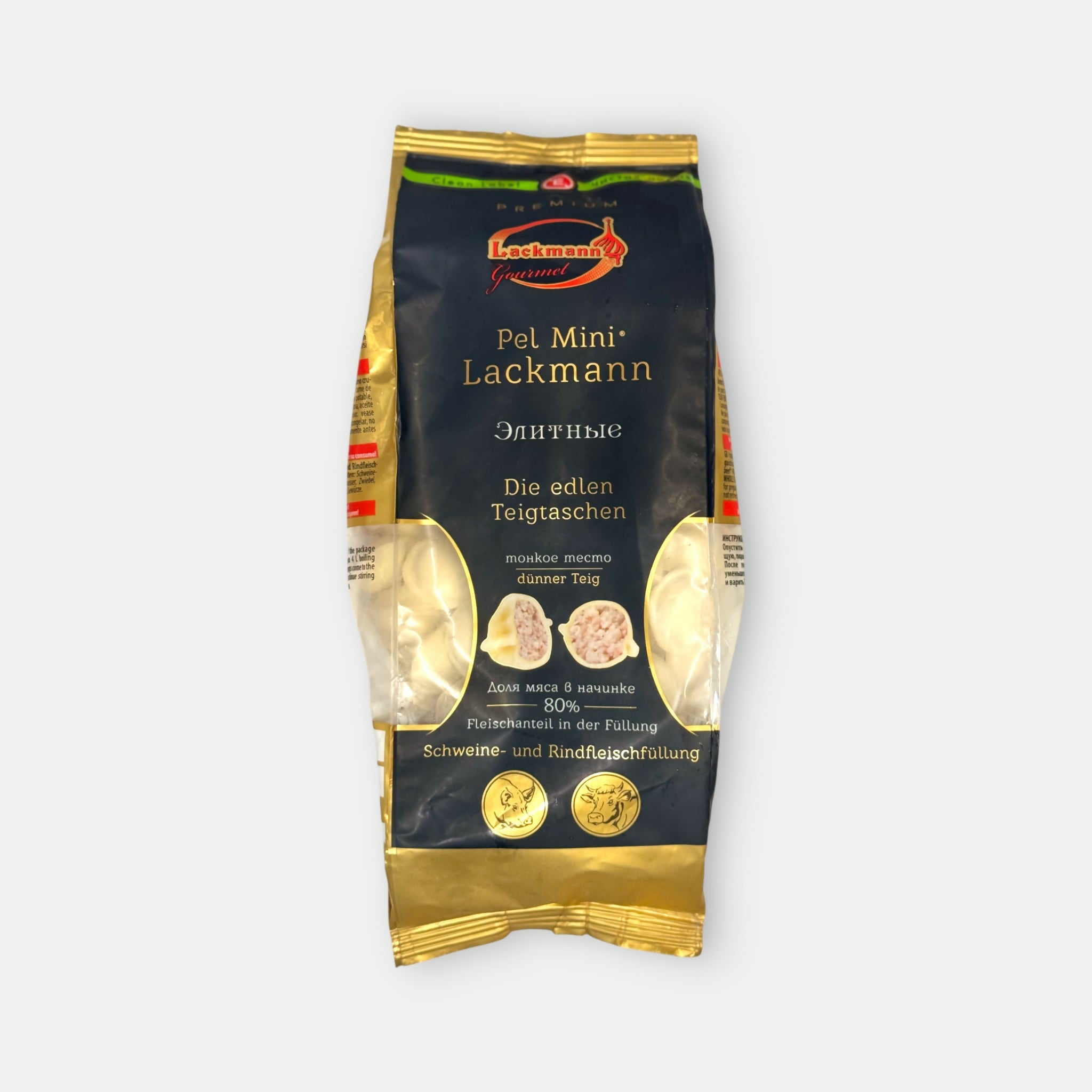 Vue de face des pelmeni premium à la viande de porc et bœuf de la marque Lackmann. Spécialité slave surgelée disponible sur Pomo.bio – livraison rapide à Paris.