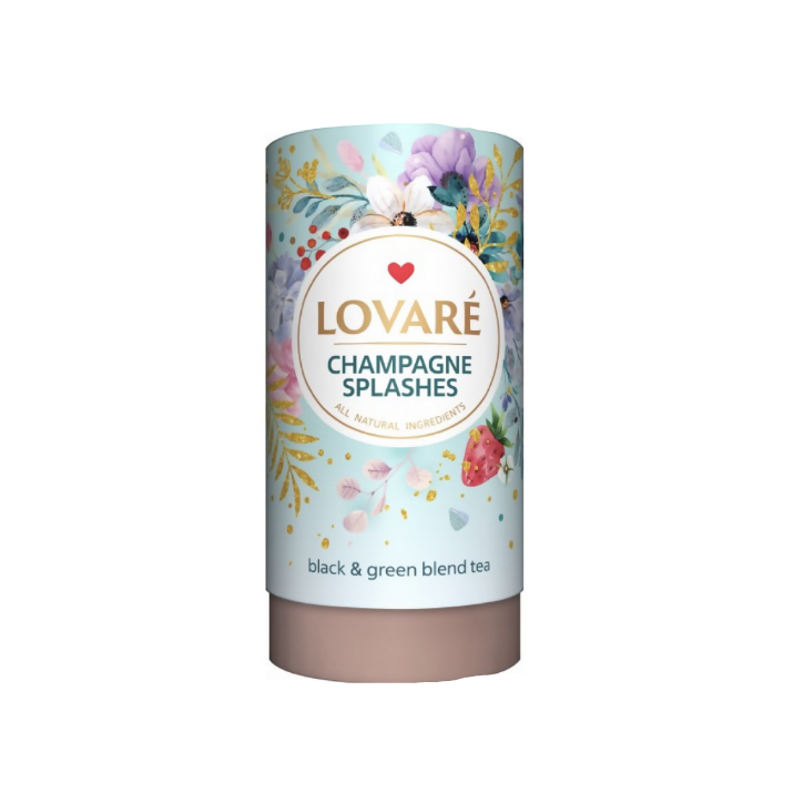Boîte de thé Champagne Splash Lovare 80 g, mélange thé noir et vert aux arômes fruités et floraux