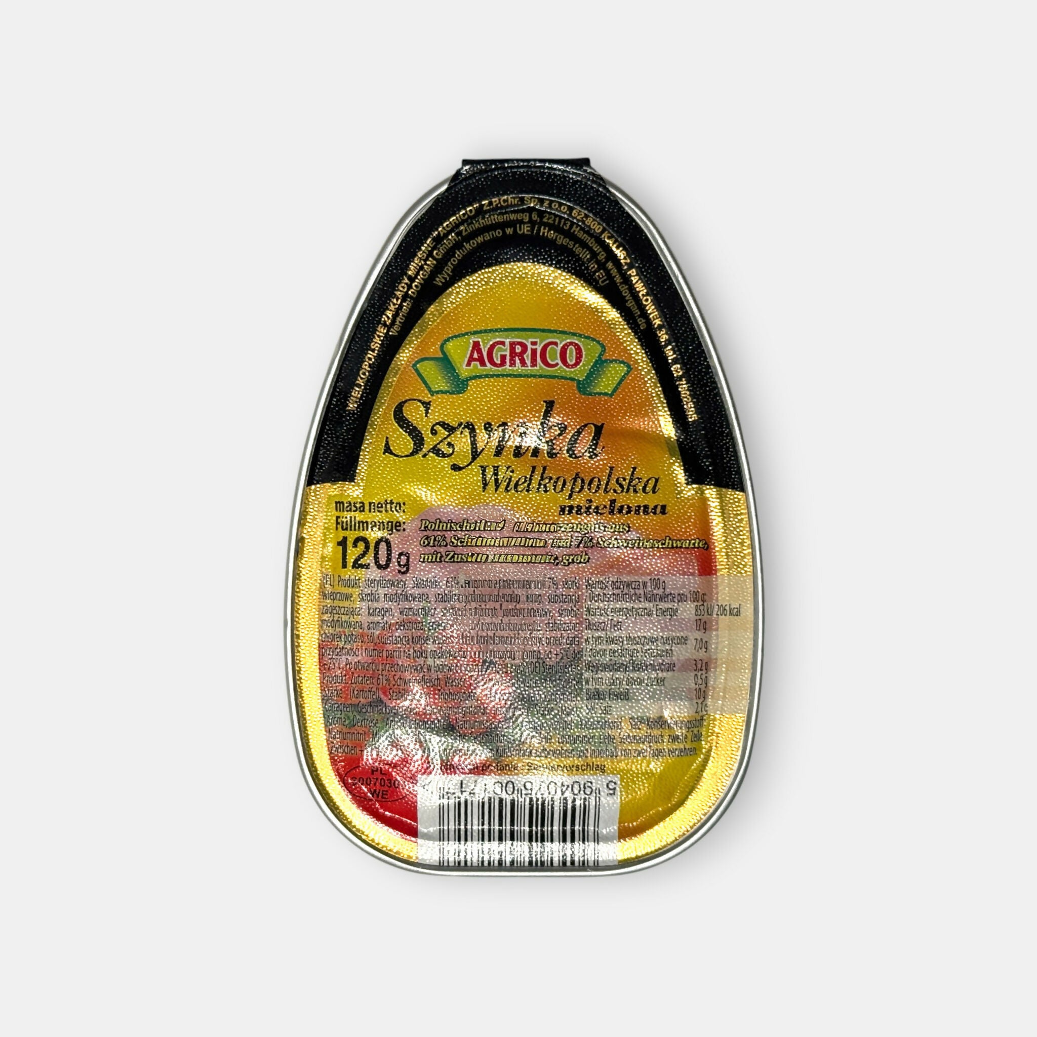 Barquette de jambon tendre en conserve, vue de face, produit d’épicerie slave à Paris — livraison rapide Pomo.bio.