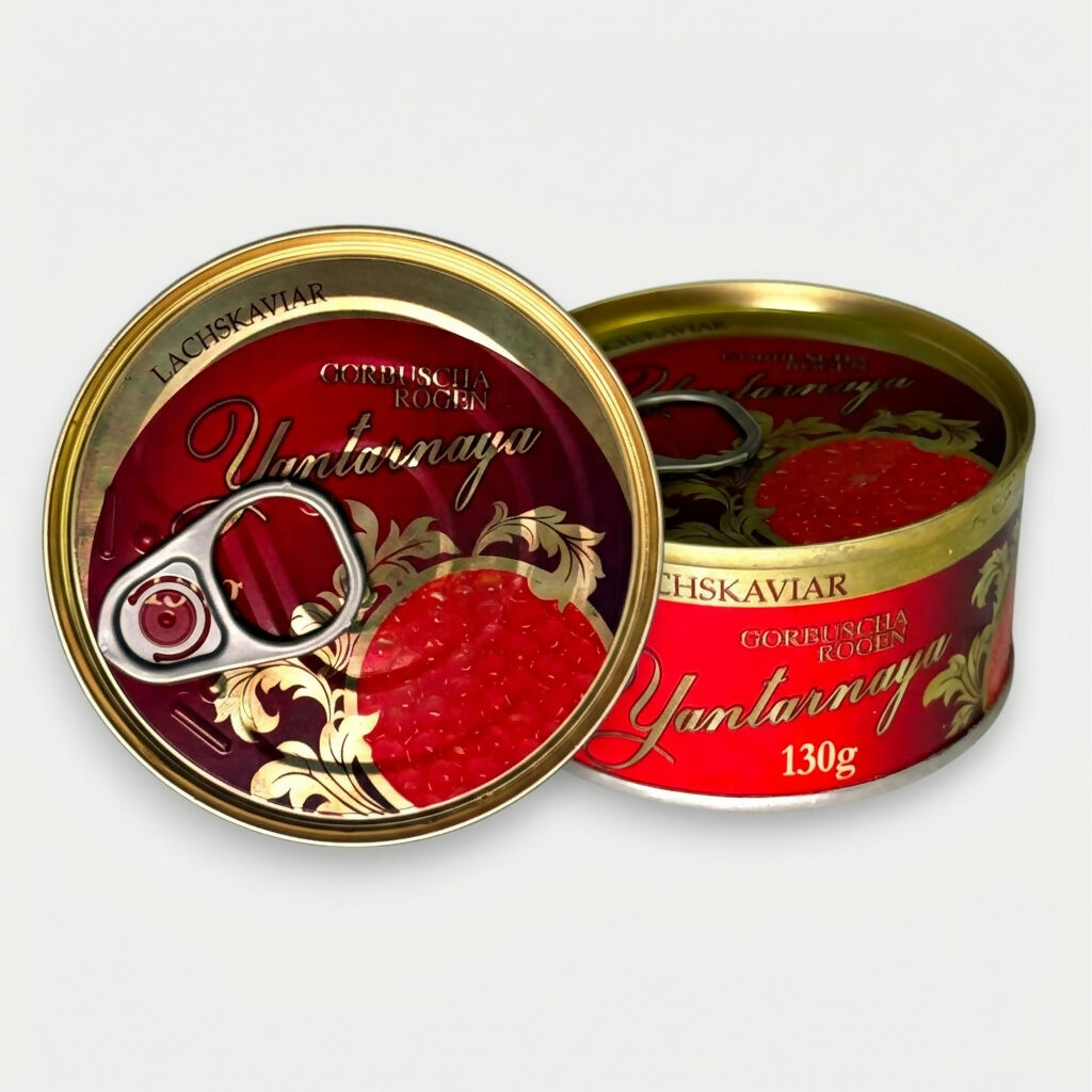 Caviar de saumon rose ambré Imperial Crown, boîte de 130 g ouverte avec grains visibles, spécialité d’épicerie slave sur Pomo.bio, livraison rapide à Paris