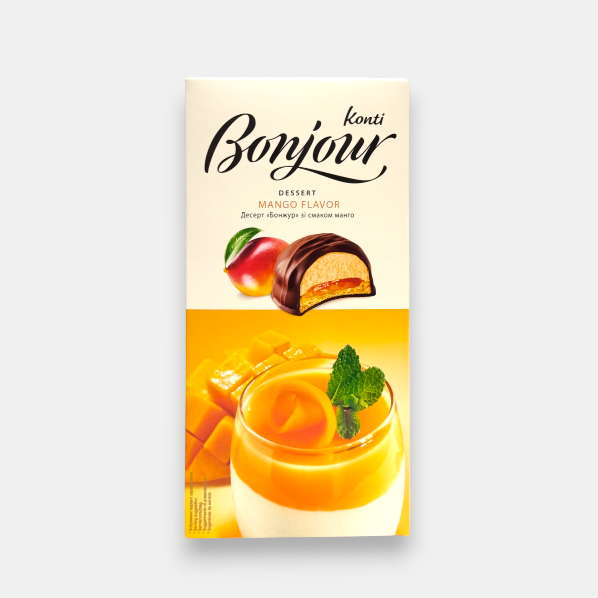 Boîte de dessert Bonjour goût mangue de Konti 232 g, gourmandise tendre et crémeuse à la mangue – spécialité de confiserie, disponible chez Pomo.bio à Paris, livraison express