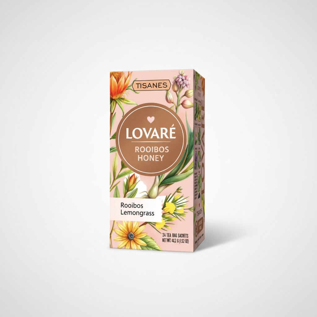 Boîte de thé Rooibos au miel Lovare 24 sachets, infusion sans caféine, épicerie slave en ligne