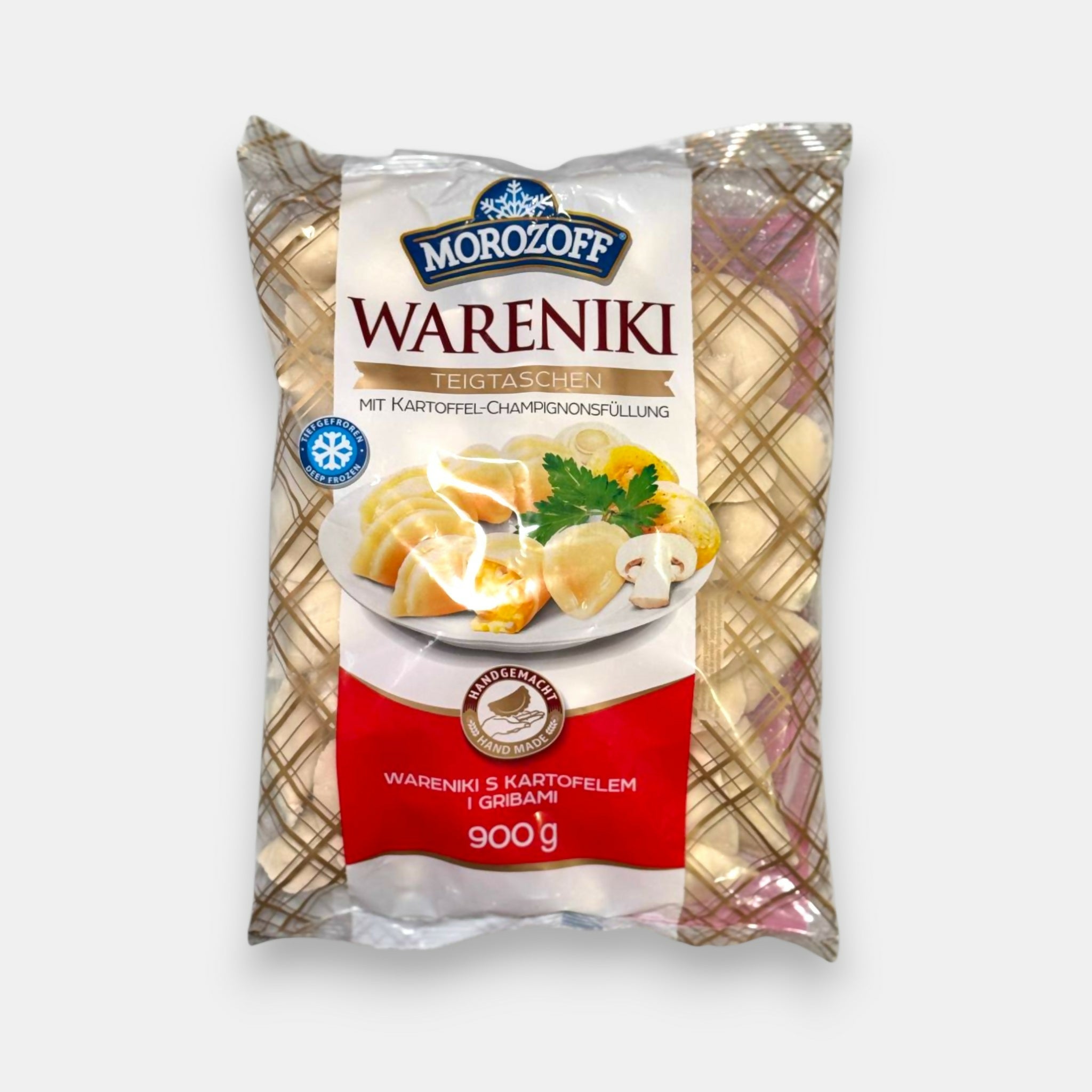 Vareniki aux pommes de terre et champignons Morozoff surgelés en sachet, emballage vu de face, spécialité slave traditionnelle, Pomo.bio épicerie slave à Paris, livraison rapide à Paris