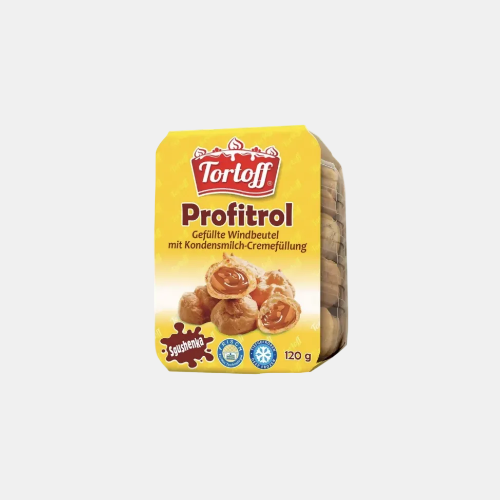 Profiteroles «Tortoff» 120 g, pâte à choux garnie de crème et glaçage chocolat, pâtisserie d'Europe de l'Est