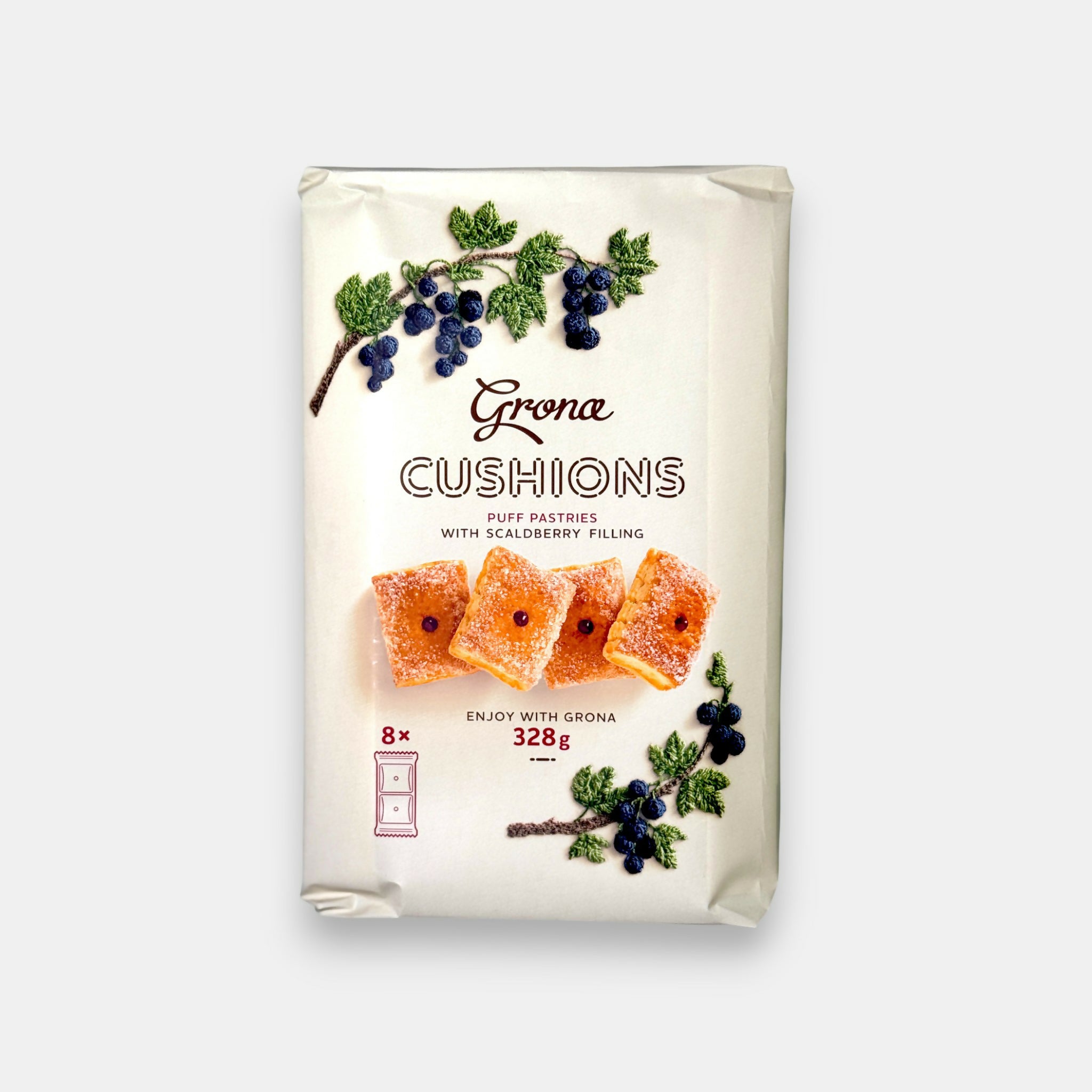 Paquet de feuilletés croustillants à la groseille noire Grona, emballage blanc décoré de baies, disponible chez Pomo.bio à Paris.