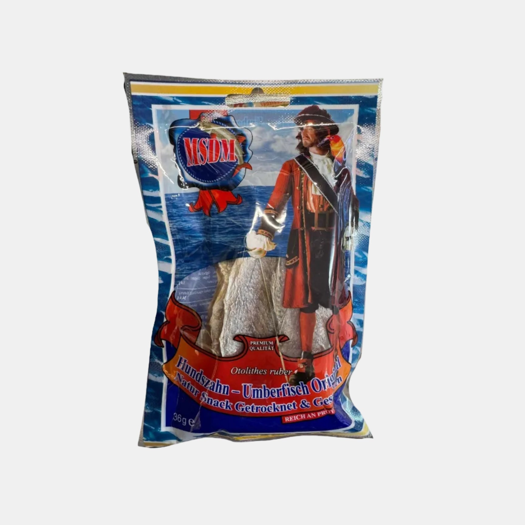 Poisson tambour rouge séché salé MSDM 36 g — vue de face de l'emballage