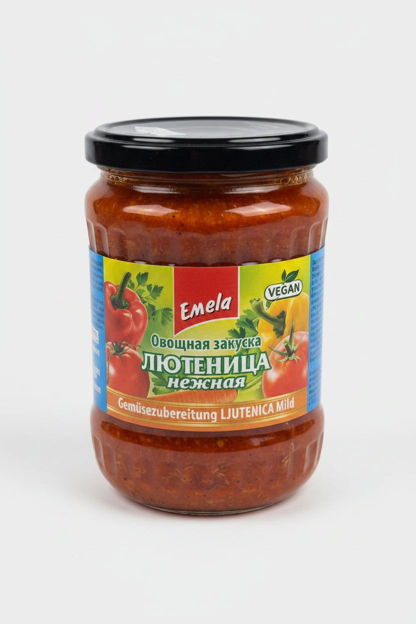 Bocal de Ljutenica douce Emela 550 g, préparation balkanique de poivrons et tomates, épicerie slave