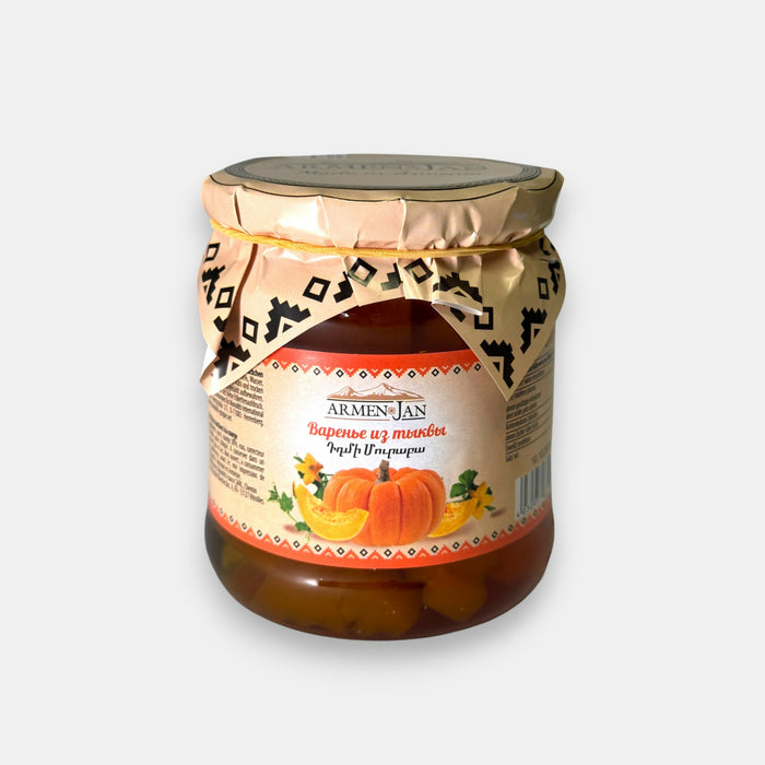 Pot de confiture de citrouille «Armen Jan», 560 g — confiture douce, sucrée et parfumée à base de citrouille. Disponible sur Pomo.bio.