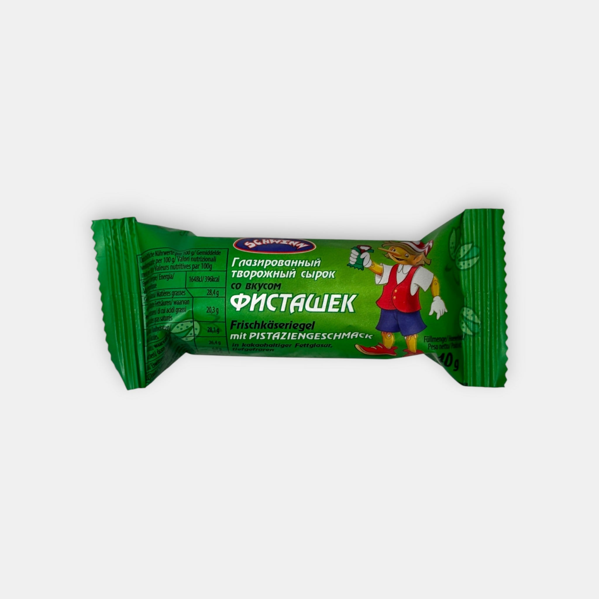 Barre glacée au fromage frais goût pistache «Schwinn», 40 g — dessert crémeux et raffiné à la pistache. Disponible sur Pomo.bio.