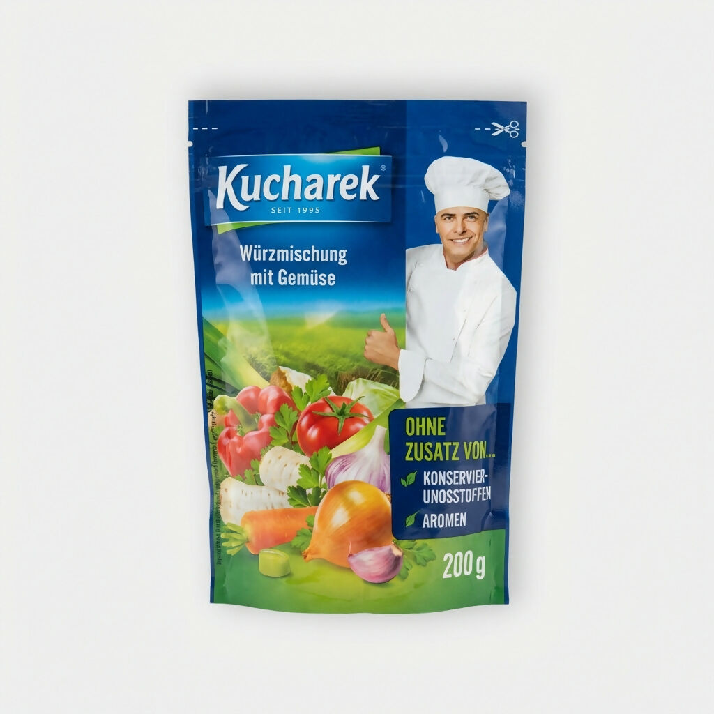 Assaisonnement aux légumes Kuharek en sachet, mélange de légumes séchés et d’épices pour plats salés, produit d’épicerie slave proposé par Pomo.bio avec livraison rapide à Paris