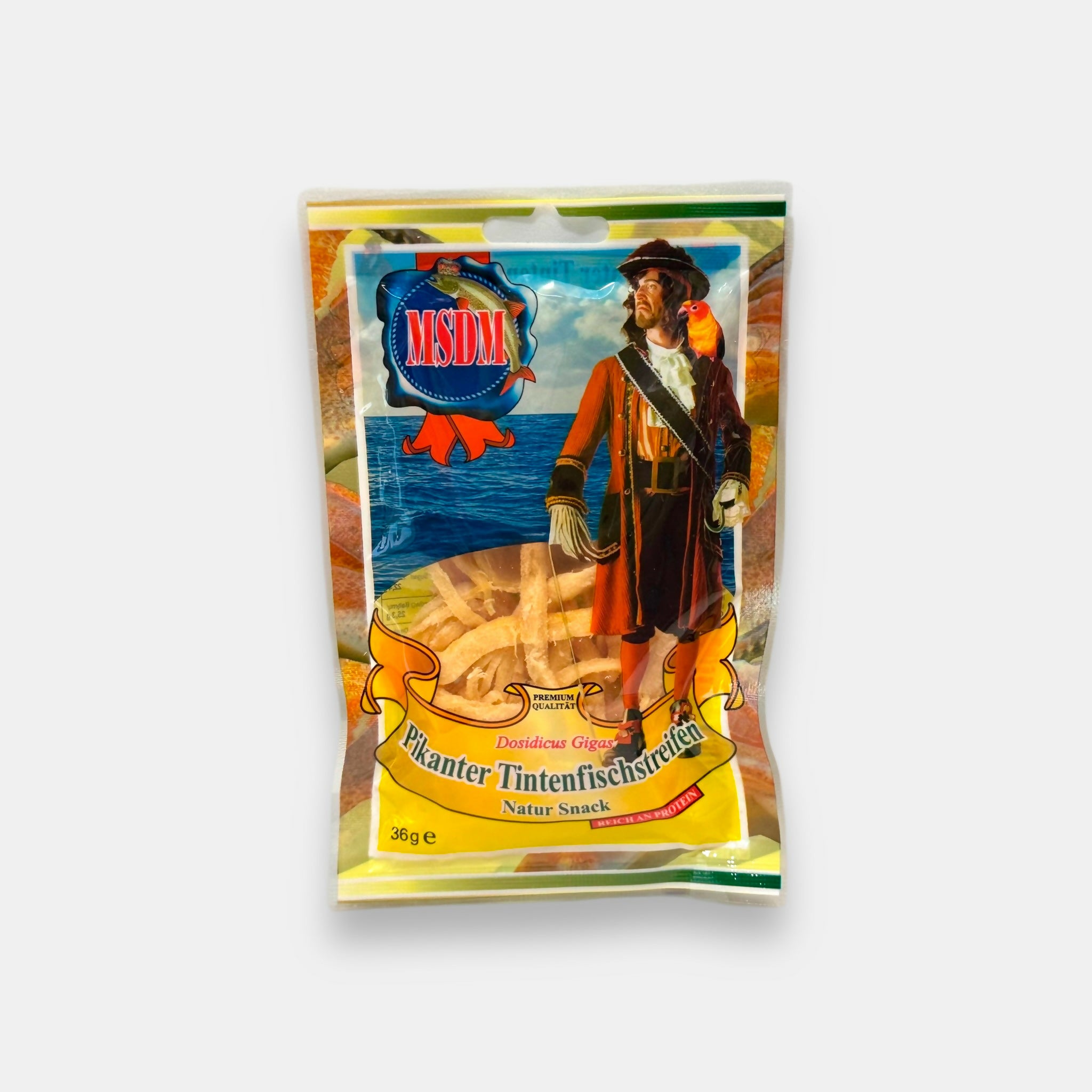 Lanières de calmar épicées MSDM 36 g – emballage vue de face