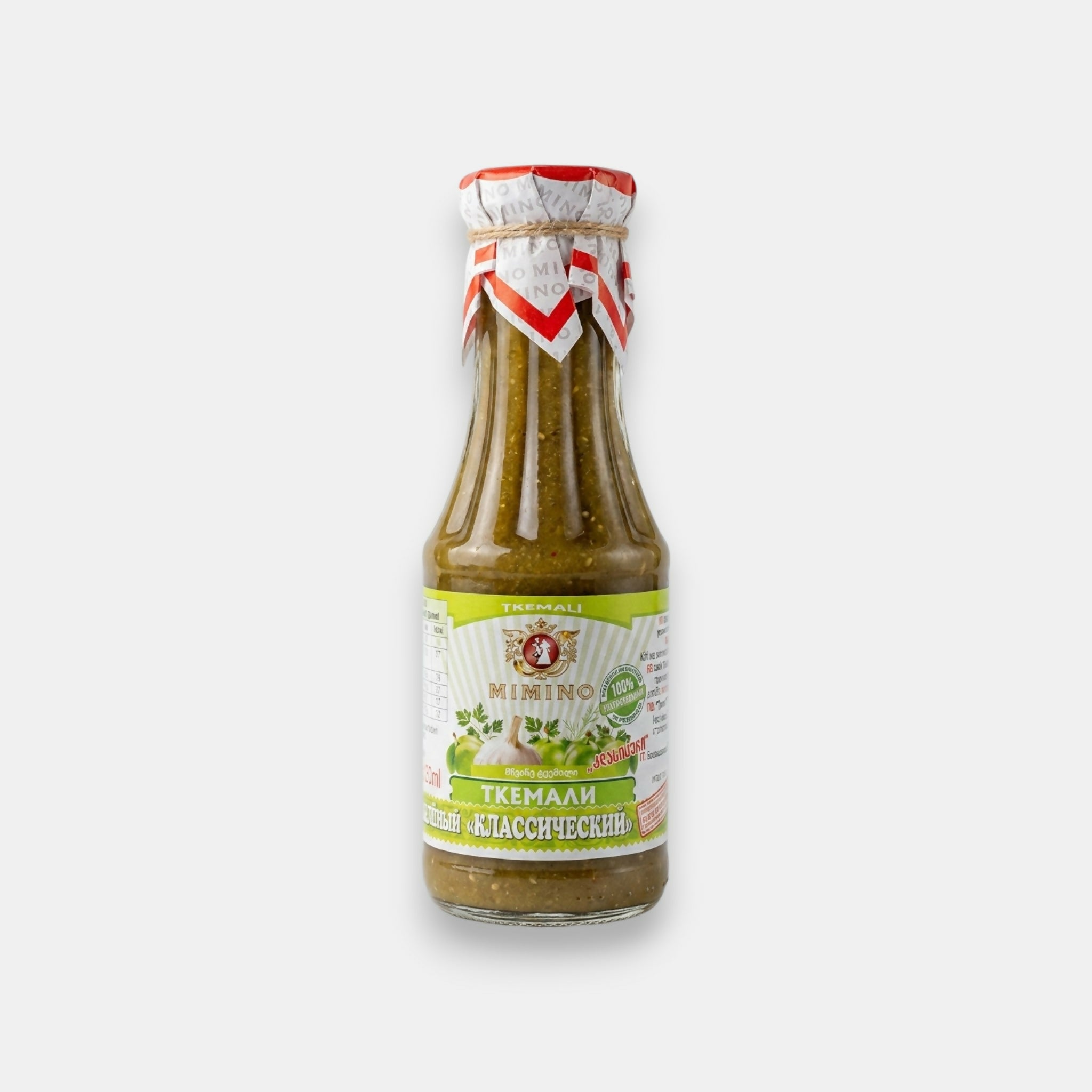 Sauce Tkemali verte classique Mimino 310 ml – vue de face de la bouteille