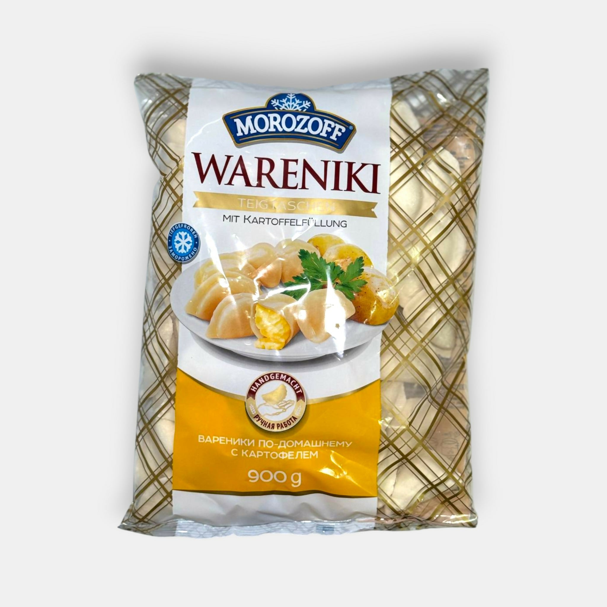Vareniki aux pommes de terre Morozoff surgelés en sachet, emballage vu de face, spécialité slave traditionnelle au goût doux, Pomo.bio épicerie slave à Paris, livraison rapide à Paris