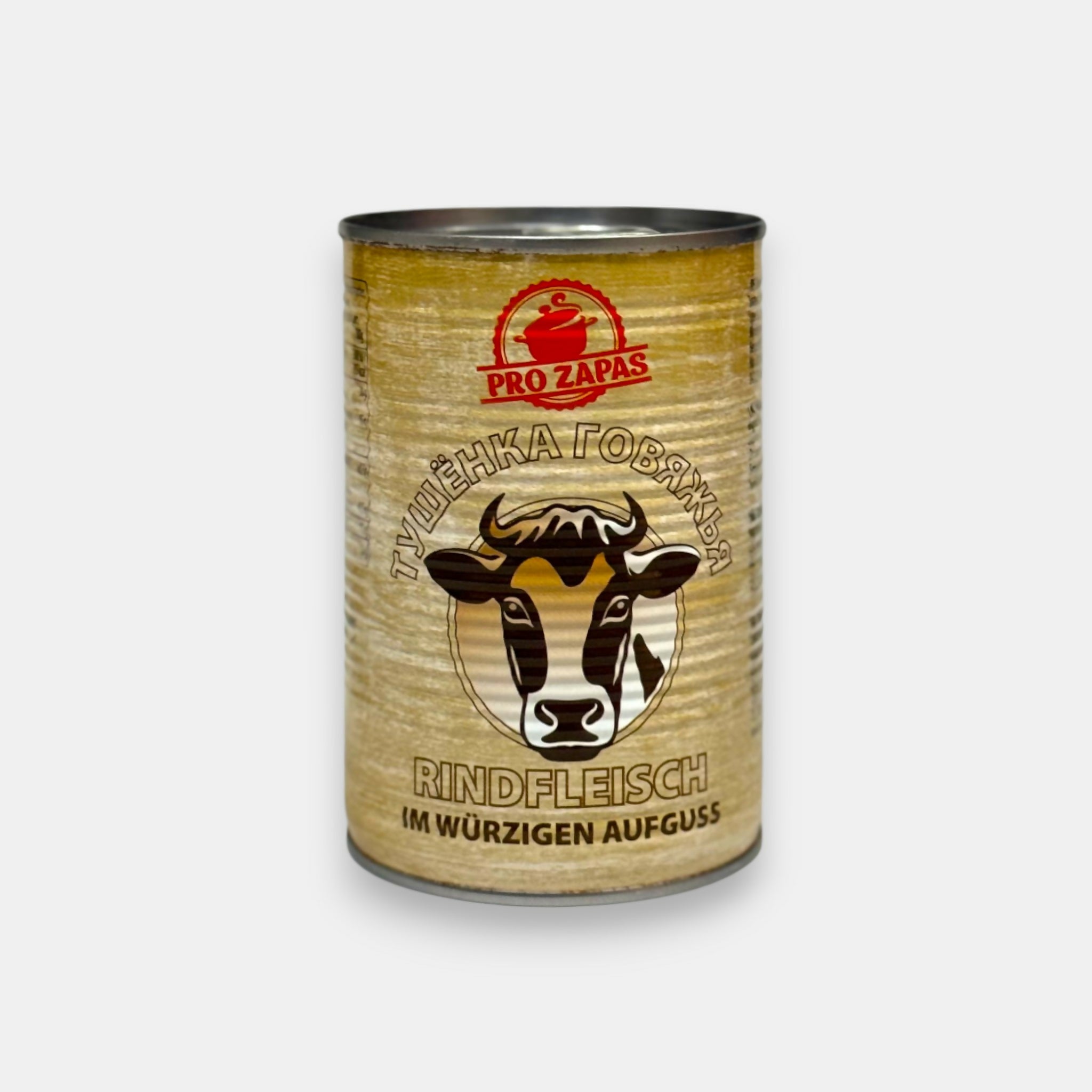 Boîte de bœuf braisé en conserve Pro Zapas, 400 g — viande mijotée tendre et savoureuse. Pomo.bio, épicerie slave à Paris, livraison rapide.