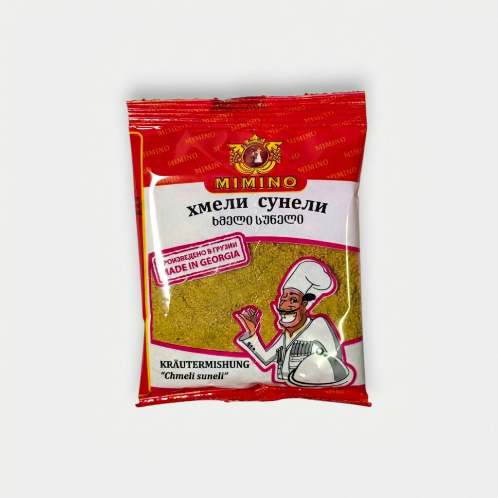 Épice khmeli-suneli Mimino en sachet, mélange d’épices géorgien polyvalent pour plats traditionnels, spécialité d’épicerie slave proposée par Pomo.bio avec livraison rapide à Paris