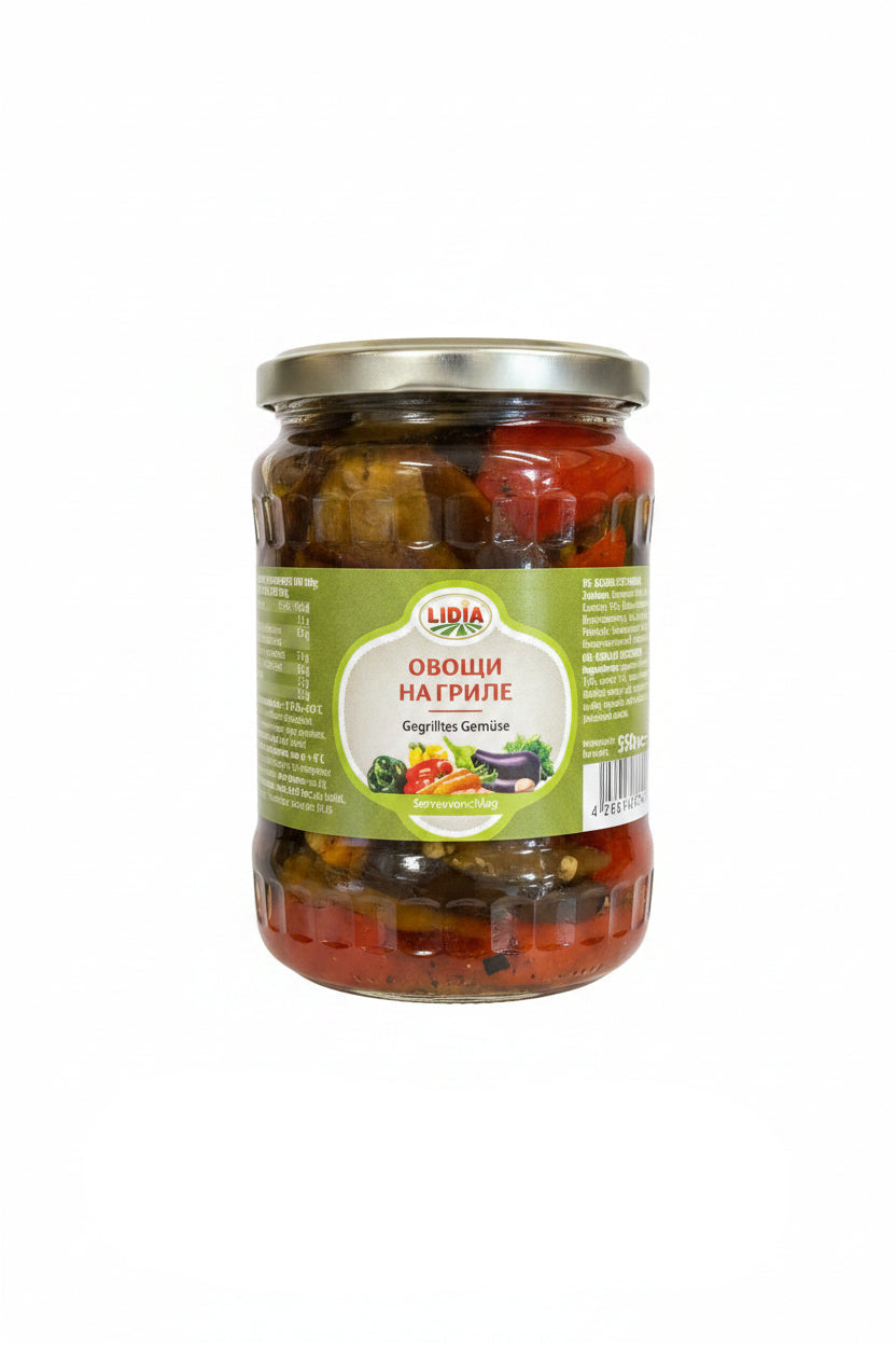 Bocal de légumes grillés Lidia 550 g, poivrons et aubergines marinés, épicerie slave à Nice