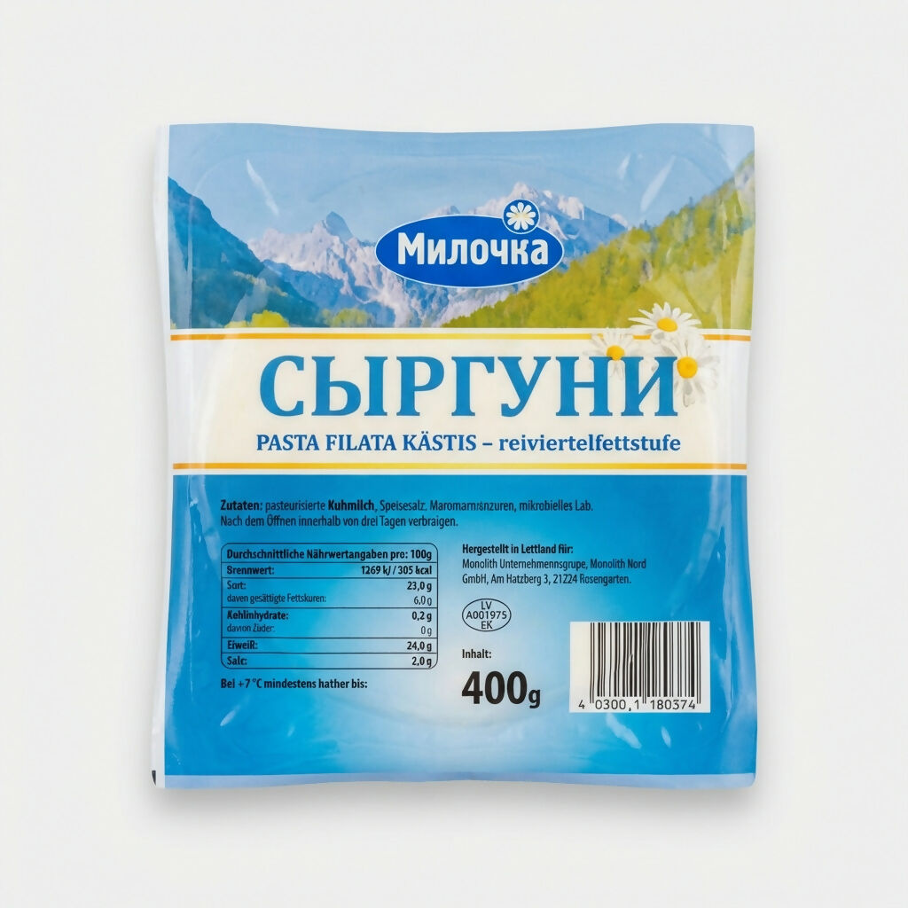 Fromage syrguni Milochka 400 g en emballage, fromage caucasien à pâte filée à la texture souple, épicerie slave Pomo.bio, livraison rapide à Paris