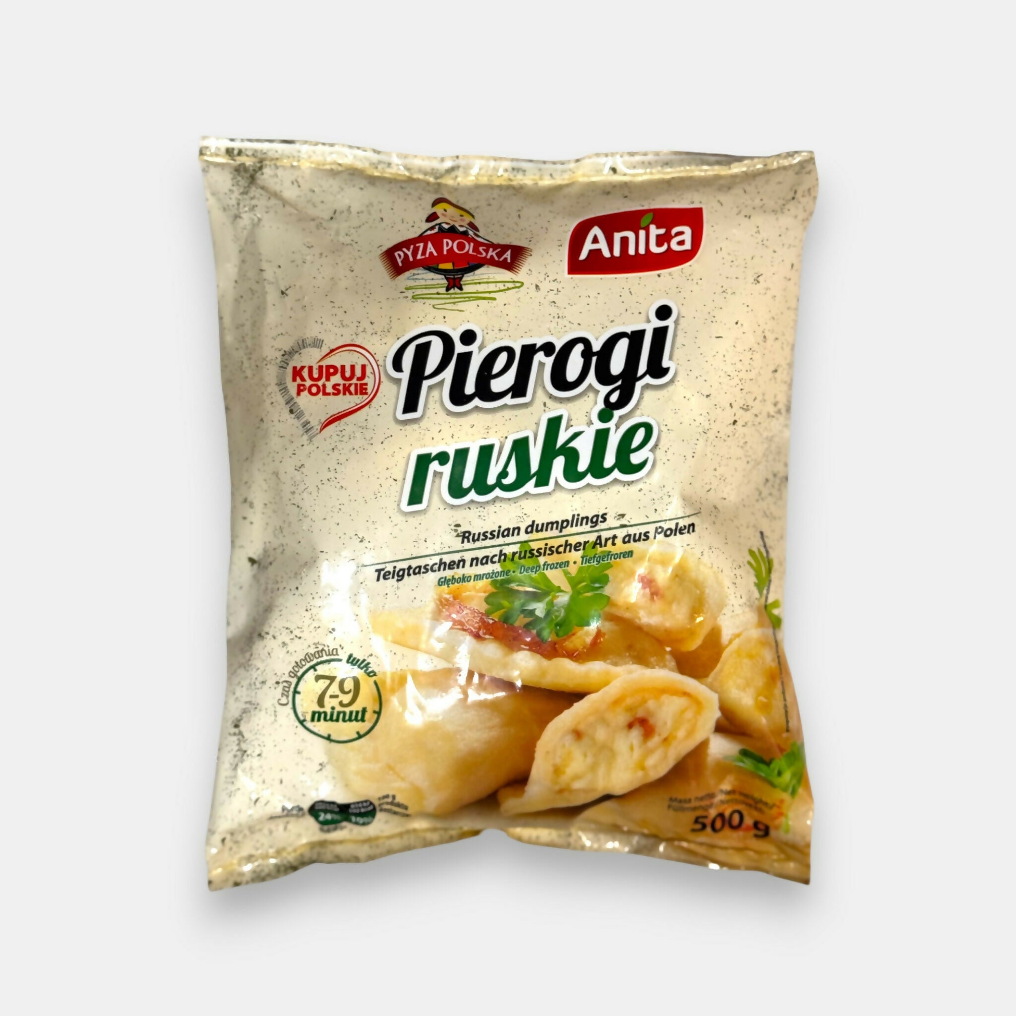 Sachet de pierogi ruskie «Anita» 500 g, farcis aux pommes de terre et fromage blanc, épicerie d'Europe de l'Est
