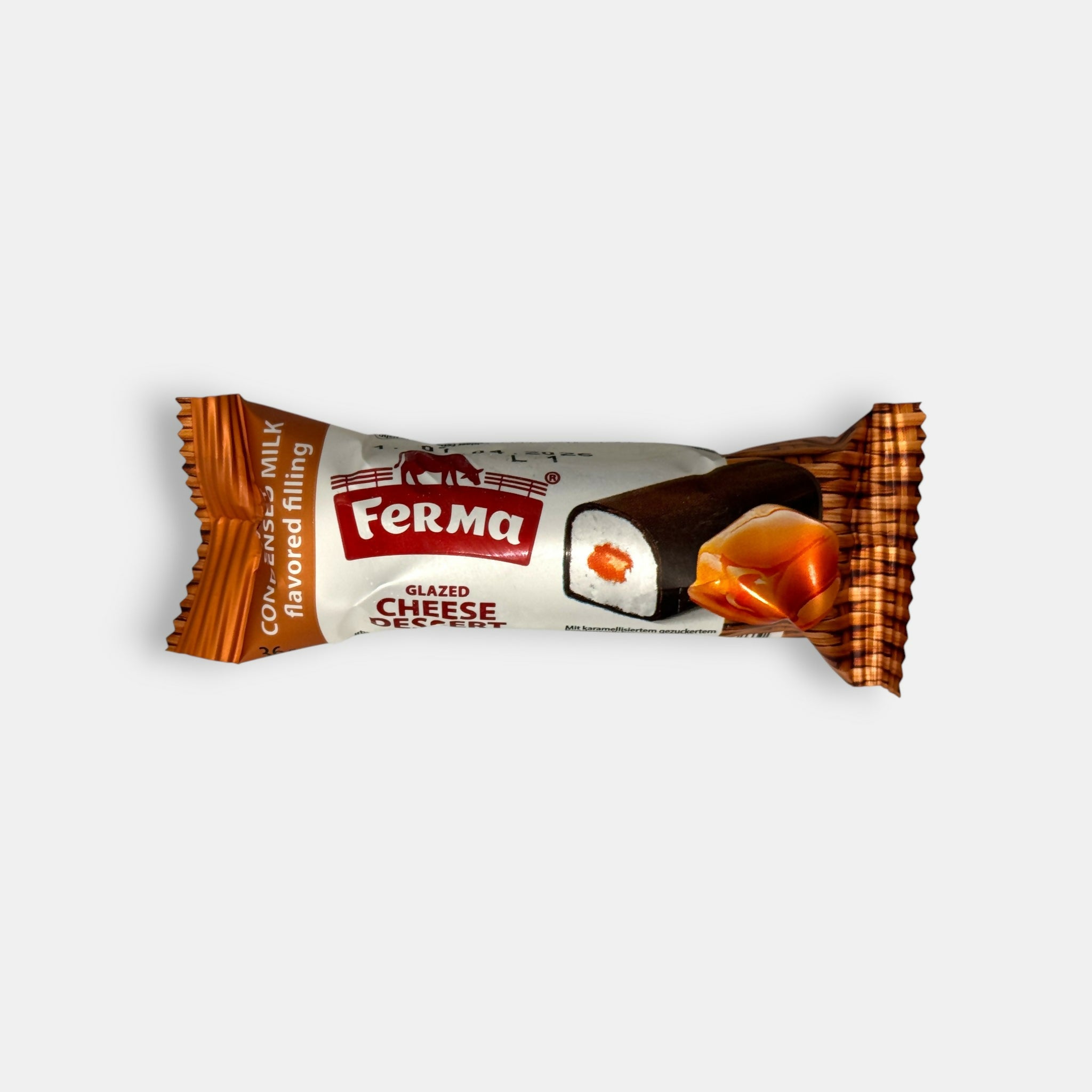 Barre glacée au fromage frais et caramel fondant, emballage vue de face, dessert d’épicerie slave à Paris — livraison rapide Pomo.bio.
