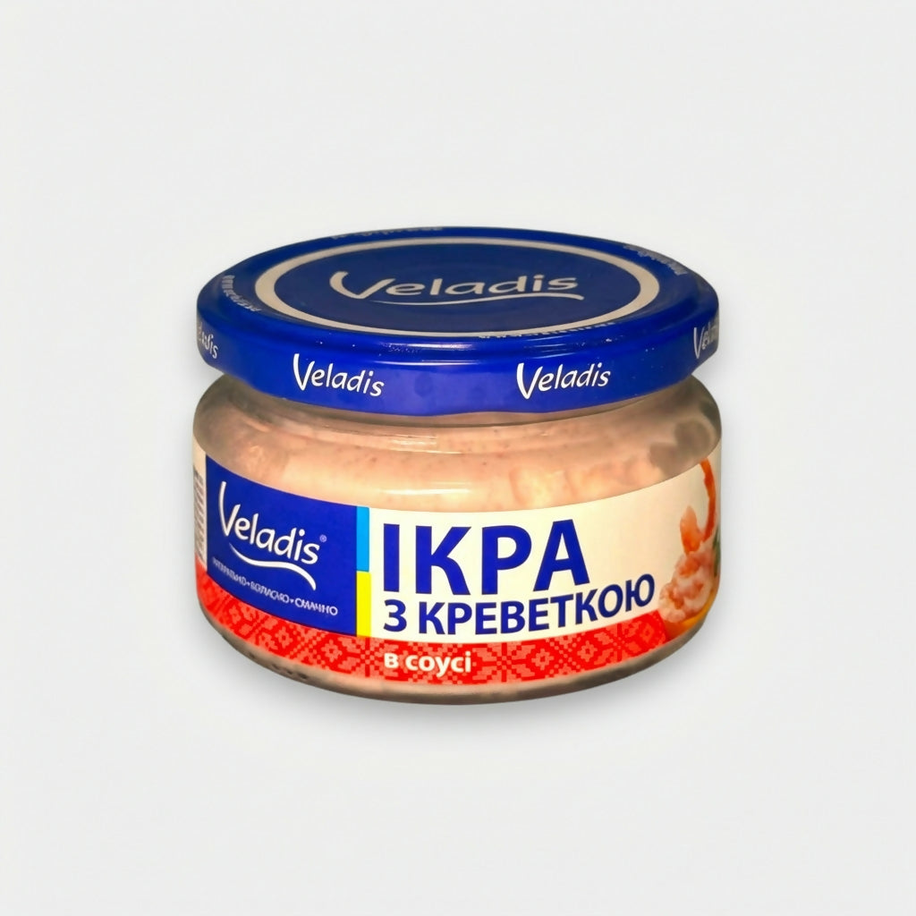 Œufs de capelan aux crevettes Veladis 160 g, bocal en verre de préparation crémeuse pour toasts, spécialité de poisson d’épicerie slave sur Pomo.bio, livraison rapide à Paris