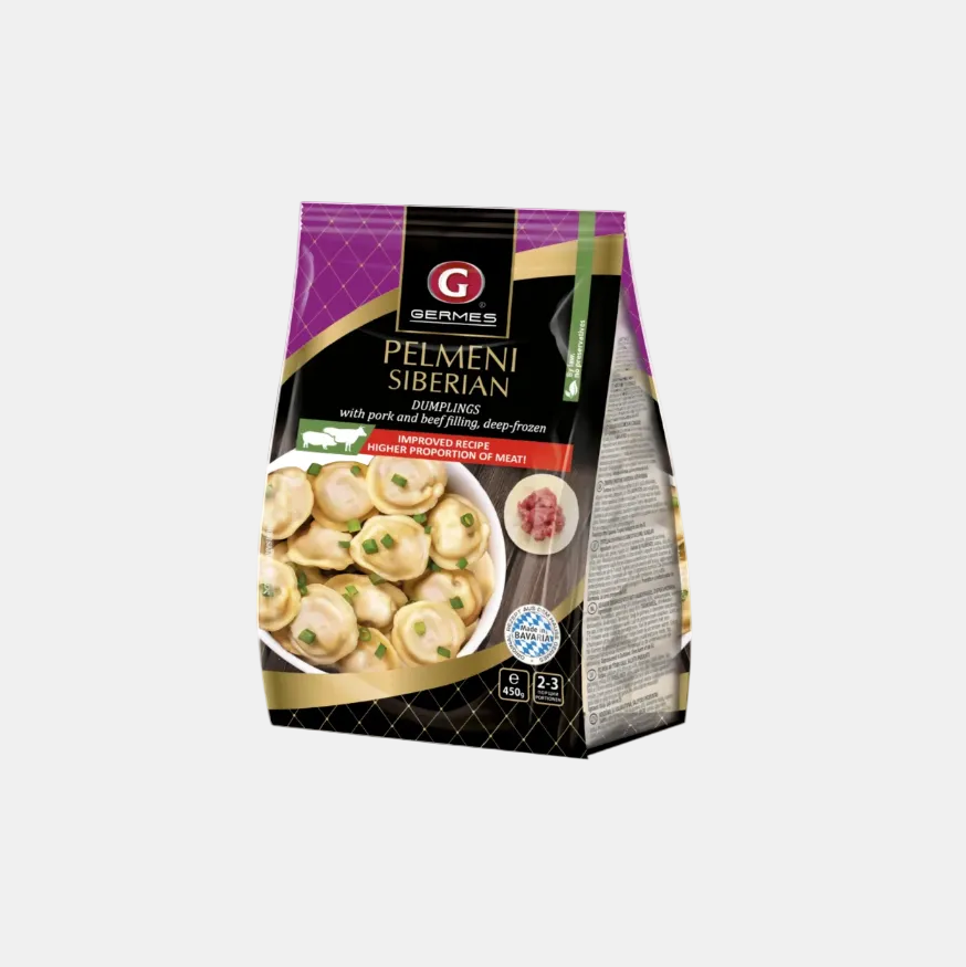 Pelmeni Sibériens 450g – emballage vue de face, raviolis surgelés d'Europe de l'Est