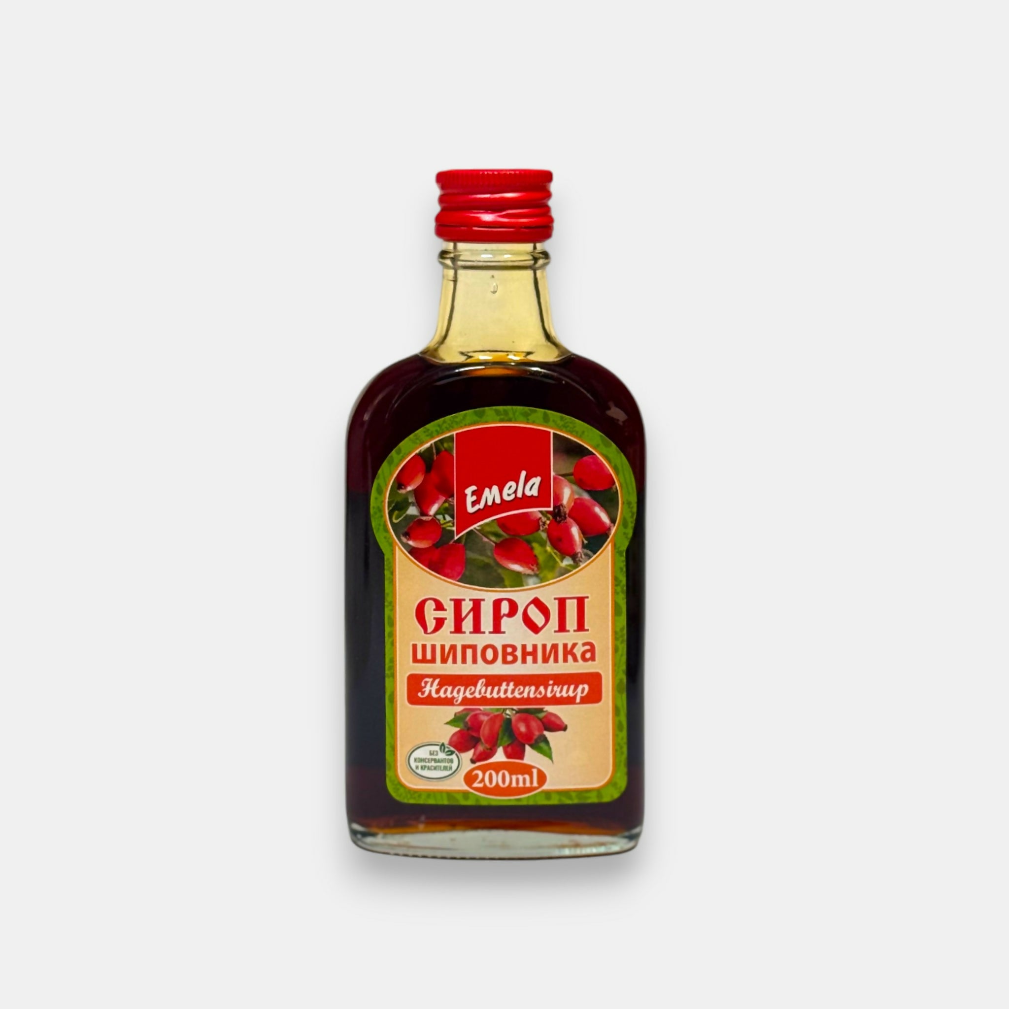 Bouteille de sirop d’églantier Emela, 200 ml — sirop sucré et acidulé pour boissons et desserts maison, disponible sur Pomo.bio, livraison rapide à Paris.