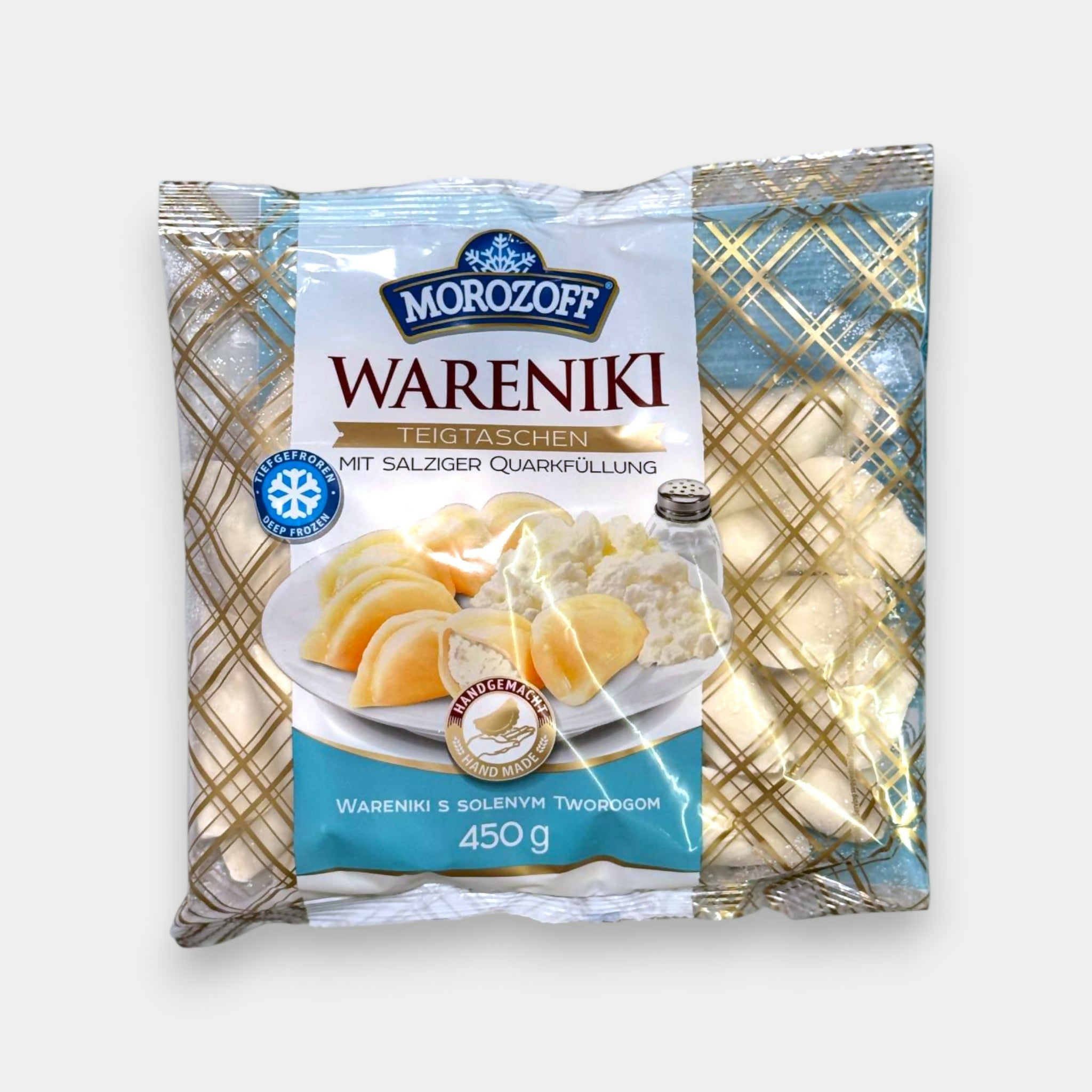 Vareniki au fromage blanc salé Morozoff surgelés en sachet, emballage vu de face, pâte tendre farcie au fromage, spécialité slave, Pomo.bio épicerie slave à Paris, livraison rapide à Paris