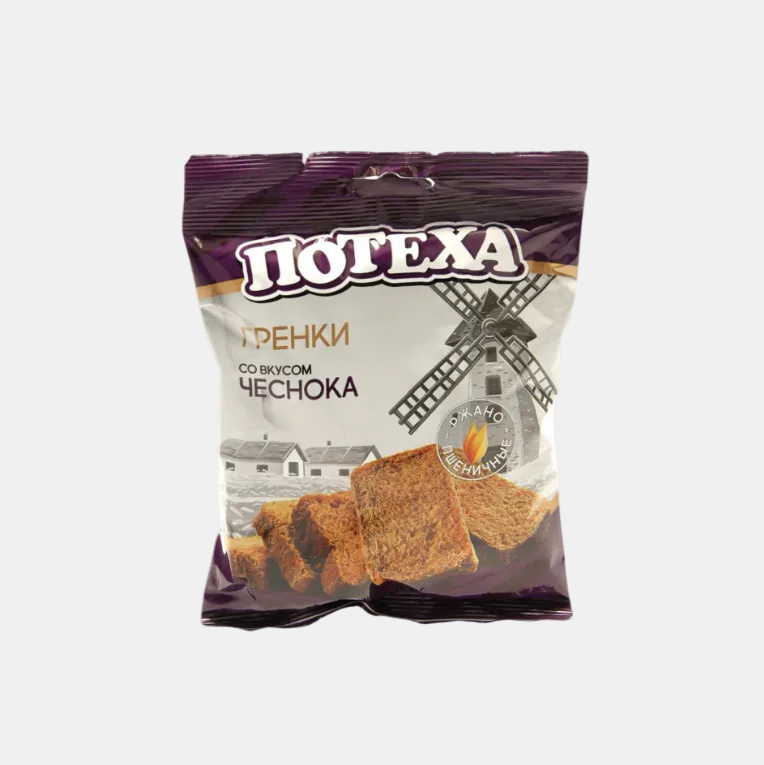Croûtons seigle-blé à l'ail Potekha 80 g — sachet vue de face, snack d'Europe de l'Est