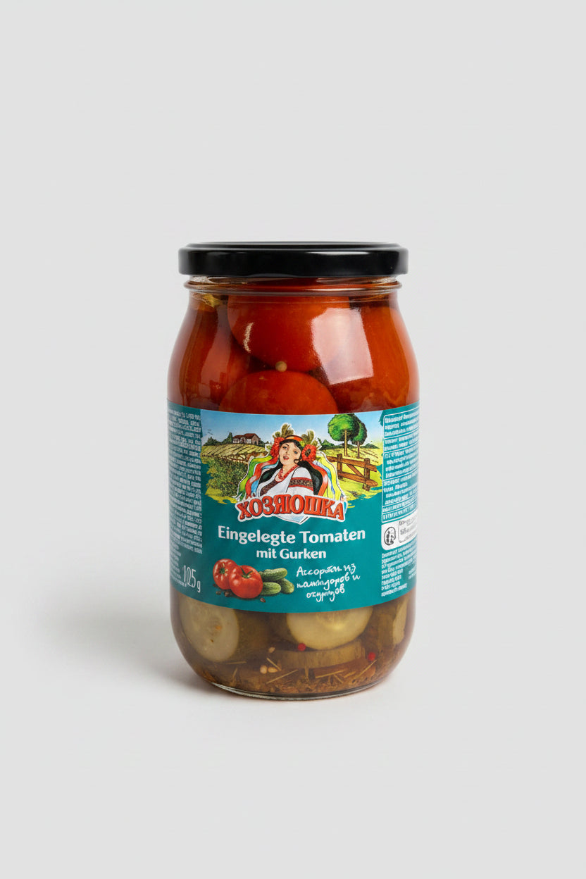 Bocal de mélange végétal tomate-pépino mariné «Hosyaushka» 850 g, épicerie d'Europe de l'Est