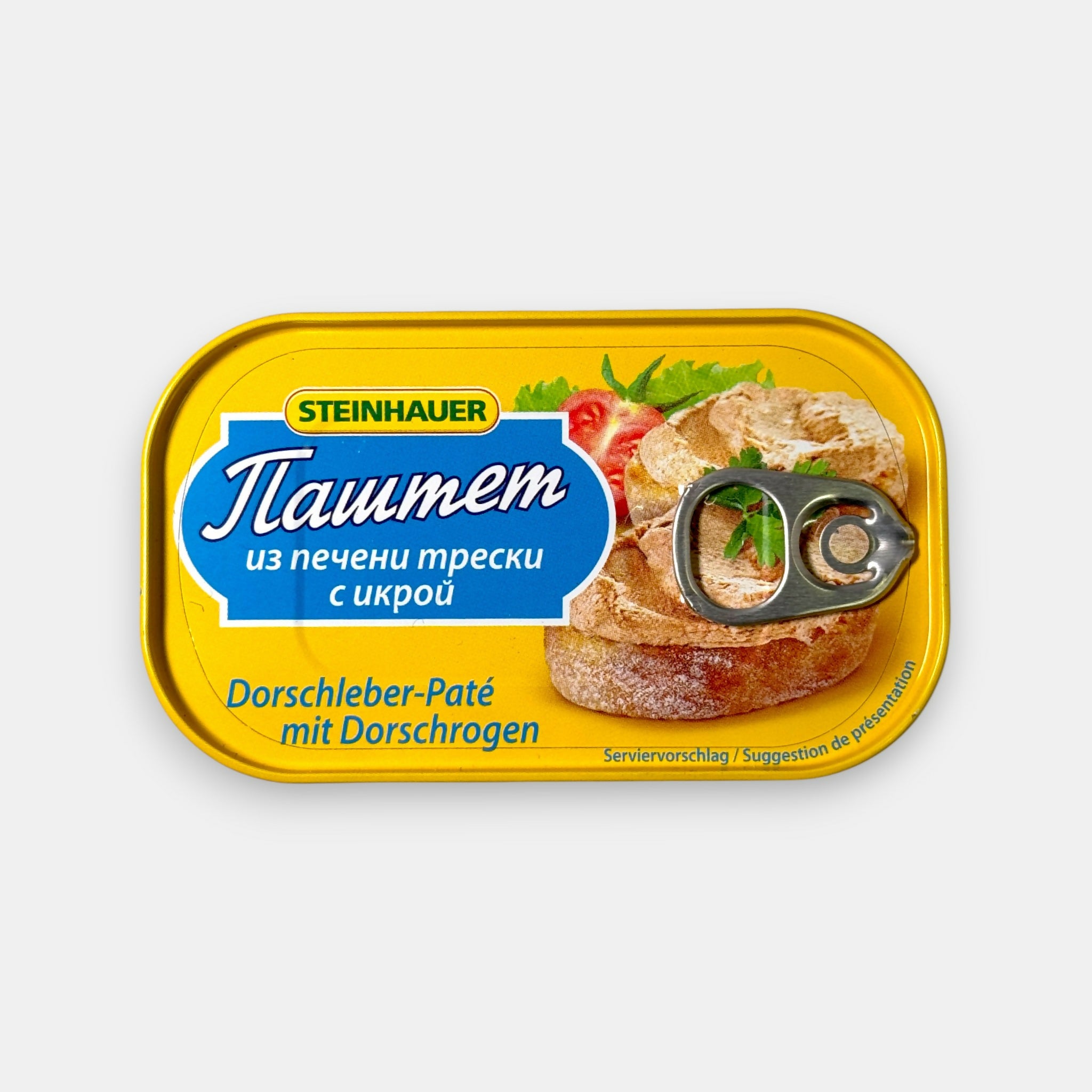 Boîte de pâté de foie de morue “Steinhauer” aux œufs de poisson, conserve jaune et bleue avec illustration du produit, disponible chez Pomo.bio, épicerie slave à Paris.
