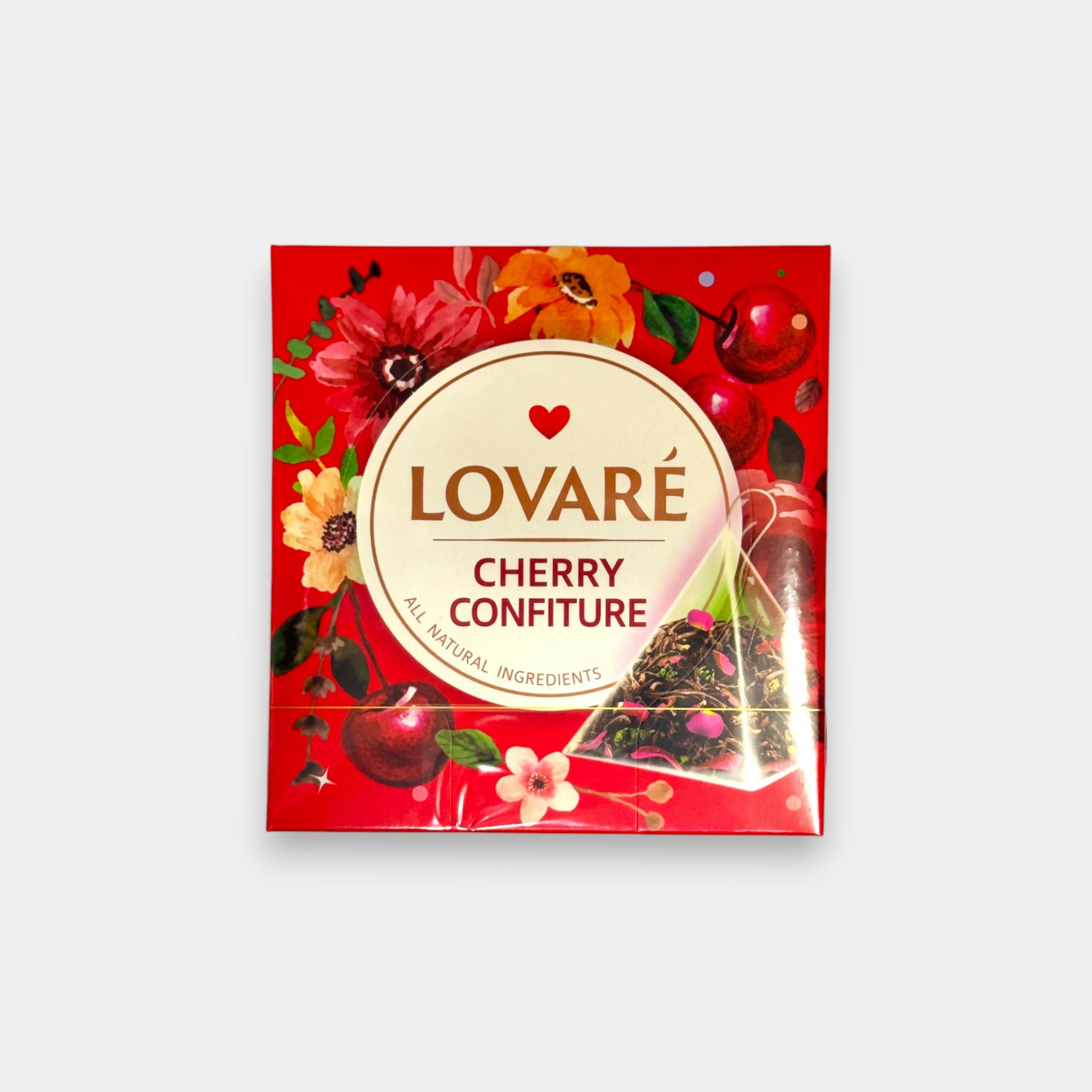 Thé en pyramides Lovare Cherry Confiture, 15 sachets — mélange de thés noir et vert aux pétales de rose et cerise. Pomo.bio, livraison rapide à Paris.
