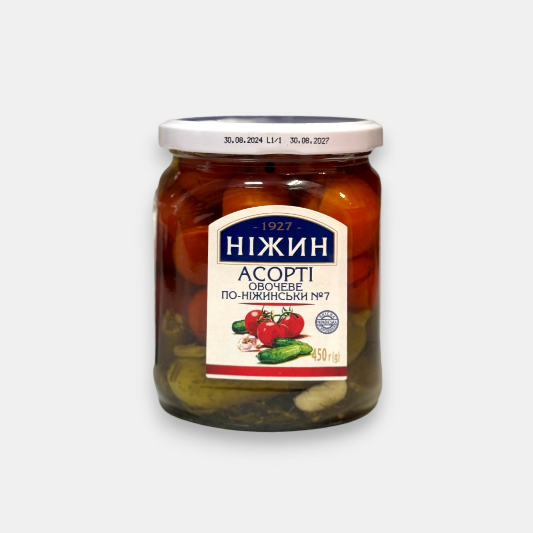 Bocal Nezhin 450 g, assortiment de concombres et tomates marinés en saumure – spécialité traditionnelle, épicerie slave à Paris Pomo.bio, livraison rapide