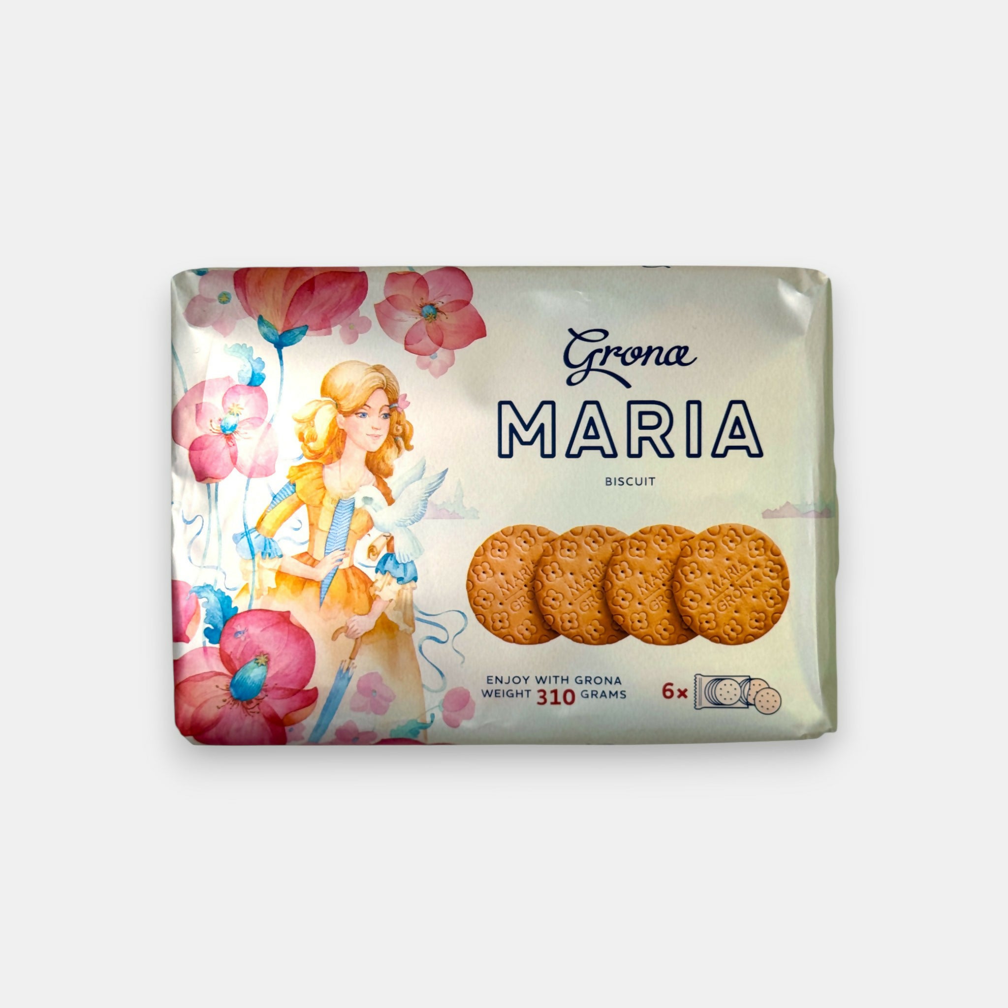 Paquet de biscuits “Maria” Grona, biscuits légers parfaits avec le thé, emballage illustré de fleurs, disponible chez Pomo.bio, épicerie slave à Paris.