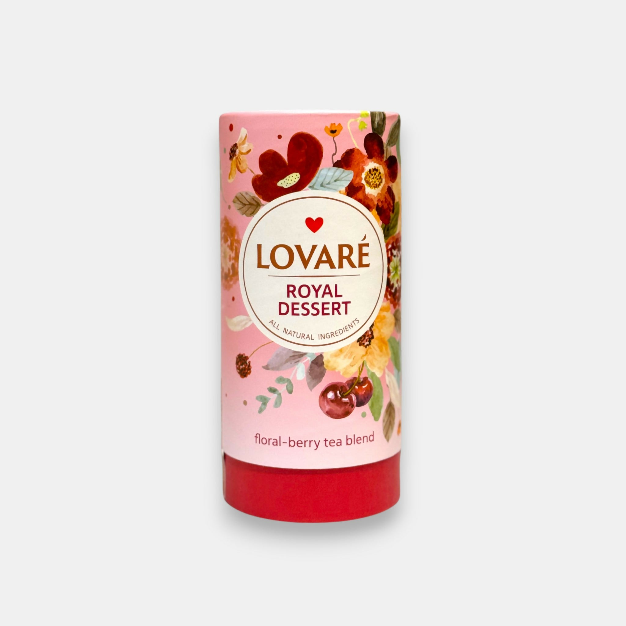 Boîte de thé en vrac Lovare Royal Dessert, 80 g — mélange fruité d’hibiscus, cerise et fraise. Pomo.bio, épicerie slave à Paris, livraison rapide.
