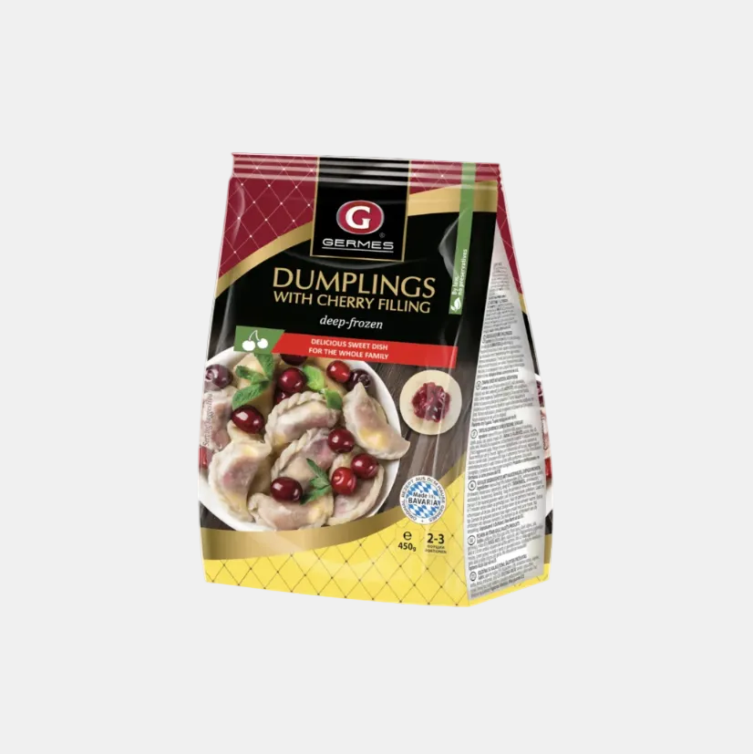 Varéniky aux cerises surgelés 450 g — pâte tendre et garniture fruitée, produit d'Europe de l'Est, vue de face