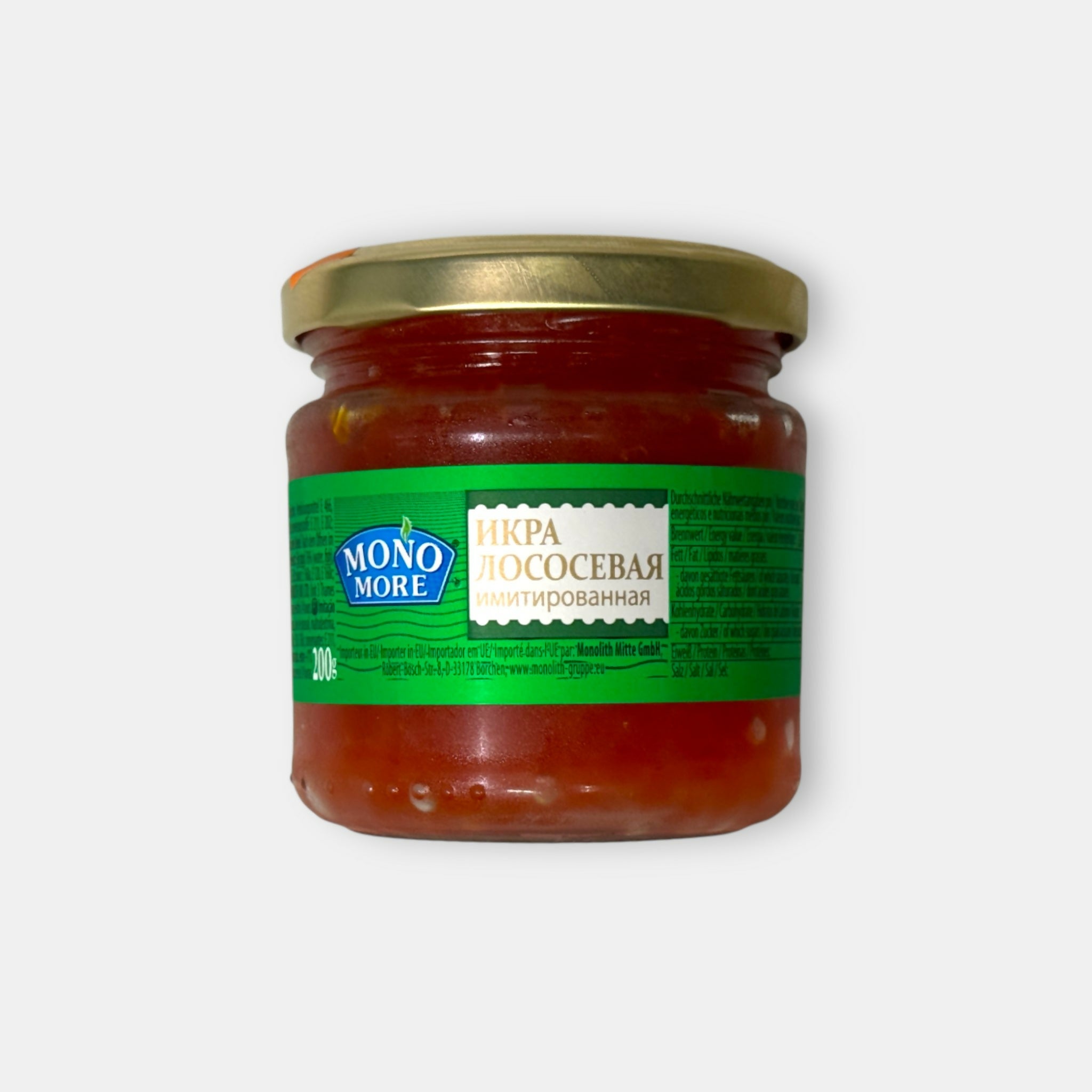 Pot de caviar de saumon imité «Mono More», 200 g — alternative sans poisson à base d’ingrédients marins, idéale pour les canapés et apéritifs. Disponible sur Pomo.bio.