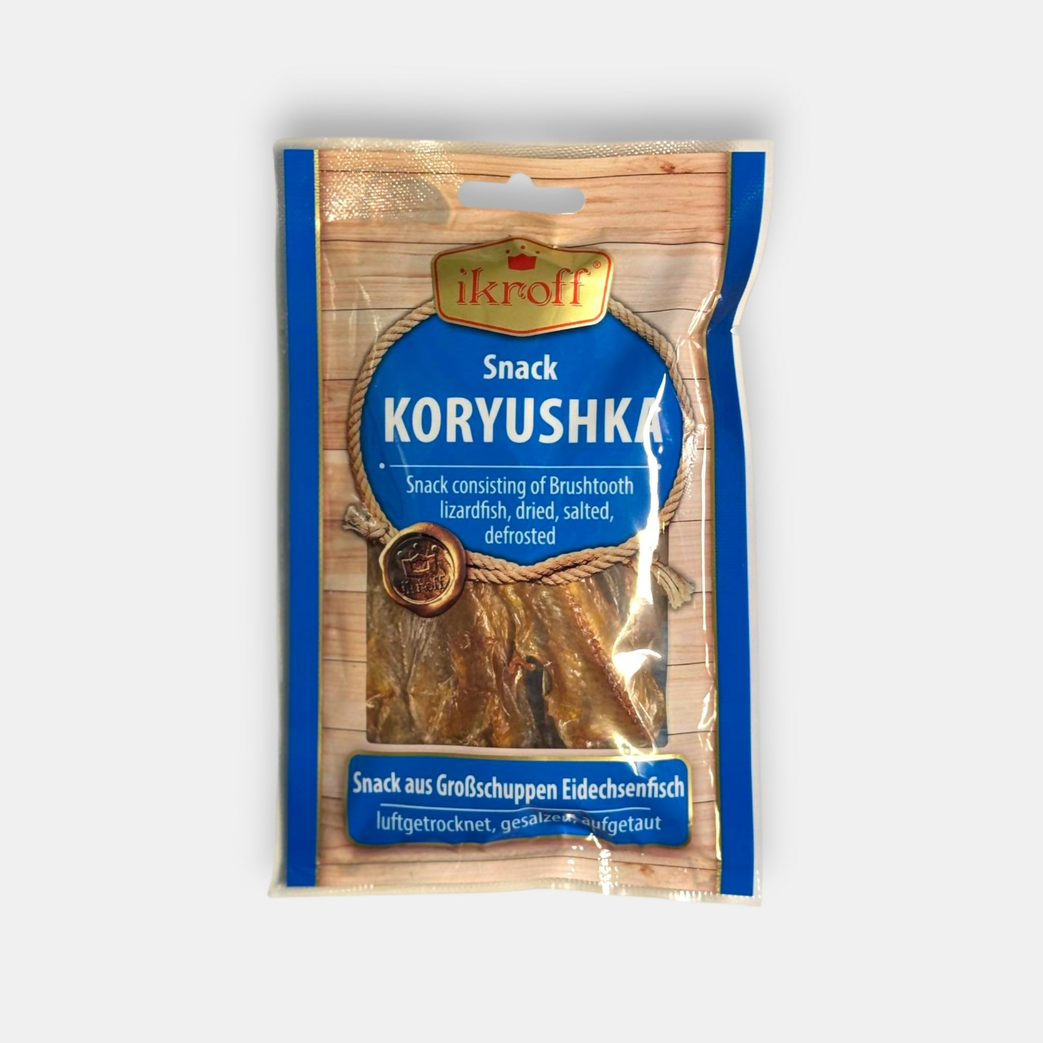 Éperlan séché Ikroff en sachet, emballage vu de face, poisson séché à la texture ferme et au goût salé, snack d’Europe de l’Est, Pomo.bio à Paris, livraison rapide à Paris