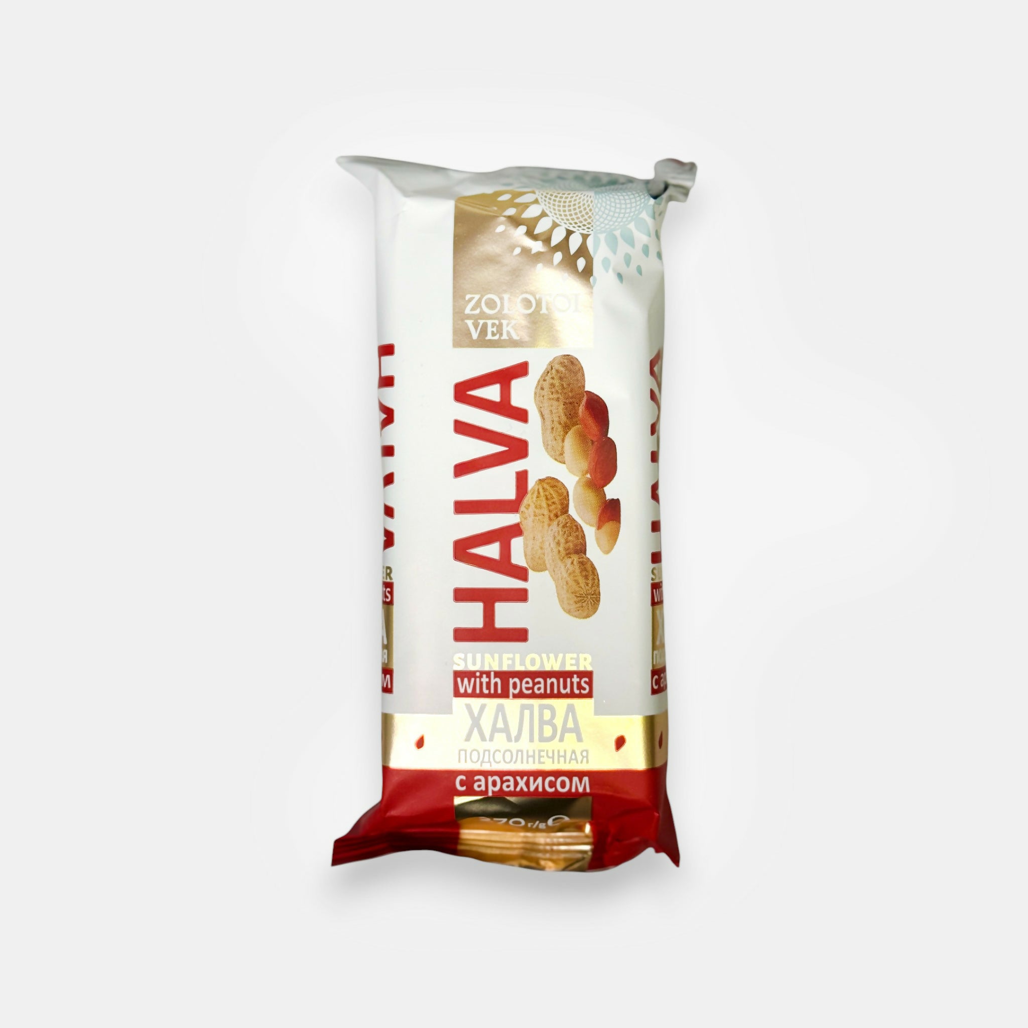 Barre de halva de tournesol aux cacahuètes «Zolotoy Vek», 270 g — confiserie fondante aux arômes de cacahuète grillée, parfaite pour accompagner le thé. Disponible sur Pomo.bio.