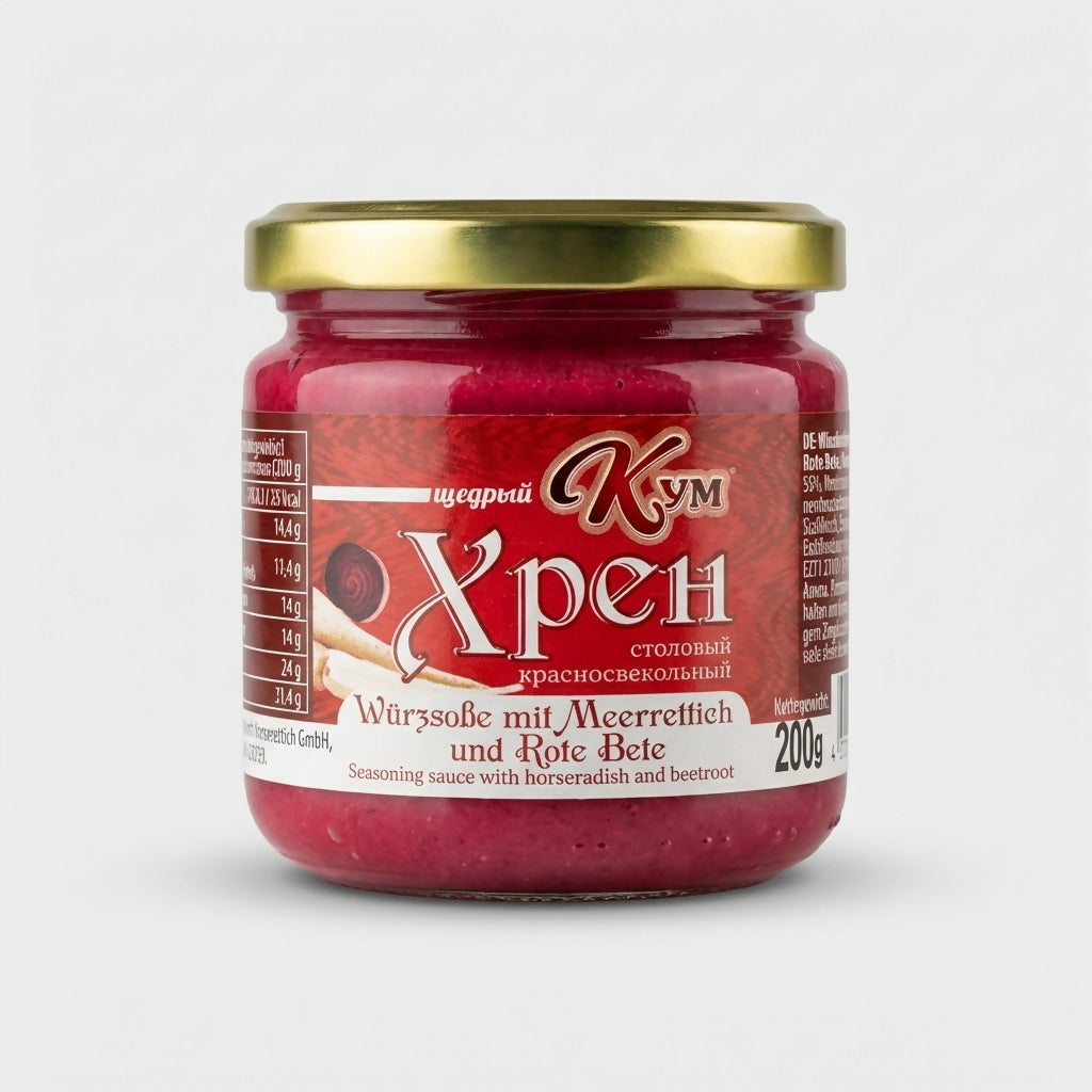 Pot de sauce raifort à la betterave 200 g – condiment slave piquant sur Pomo.bio, épicerie russe à Paris, livraison rapide