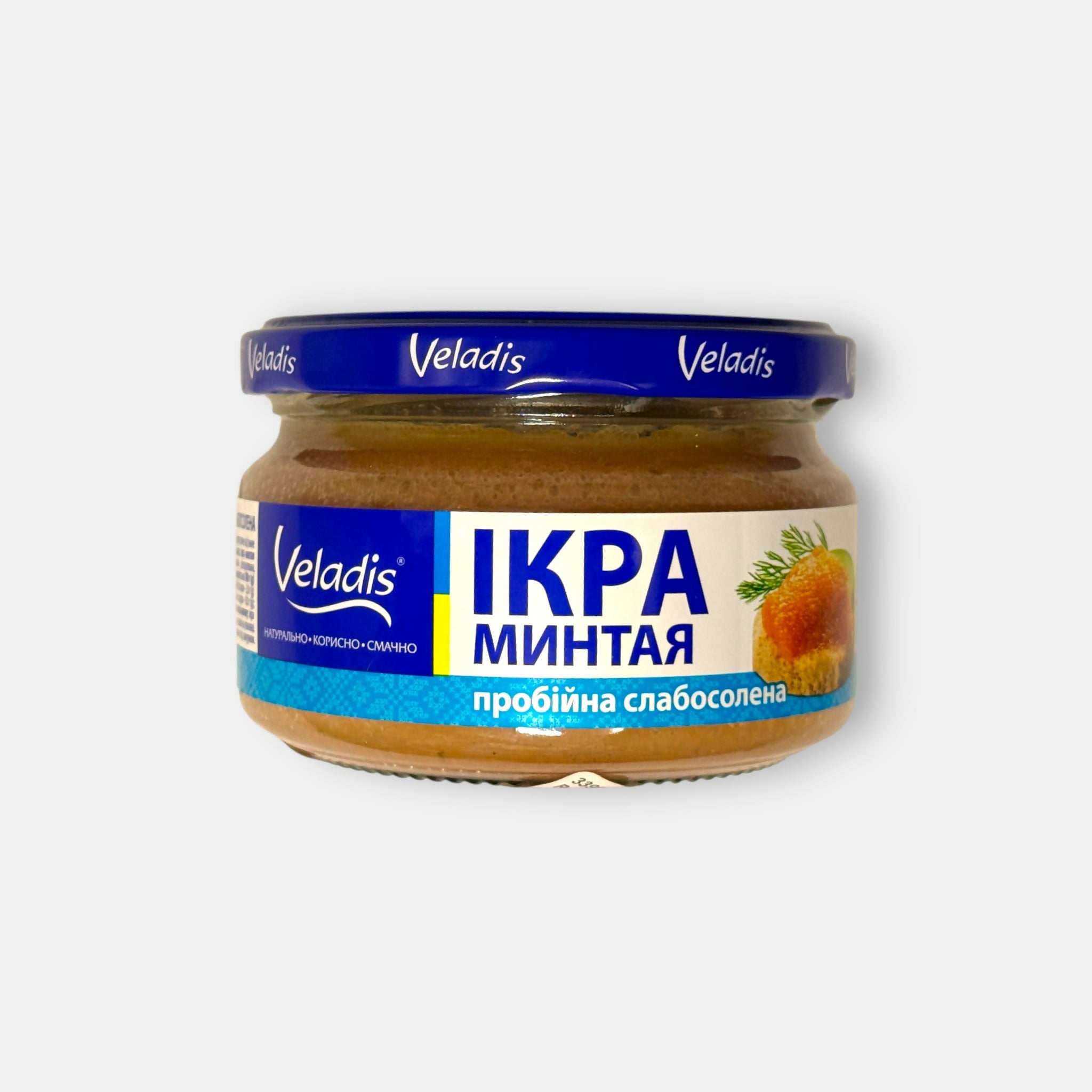 Pot de caviar de colin légèrement salé « Veladis » 180 g, vue de face, spécialité de la mer — Pomo.bio.