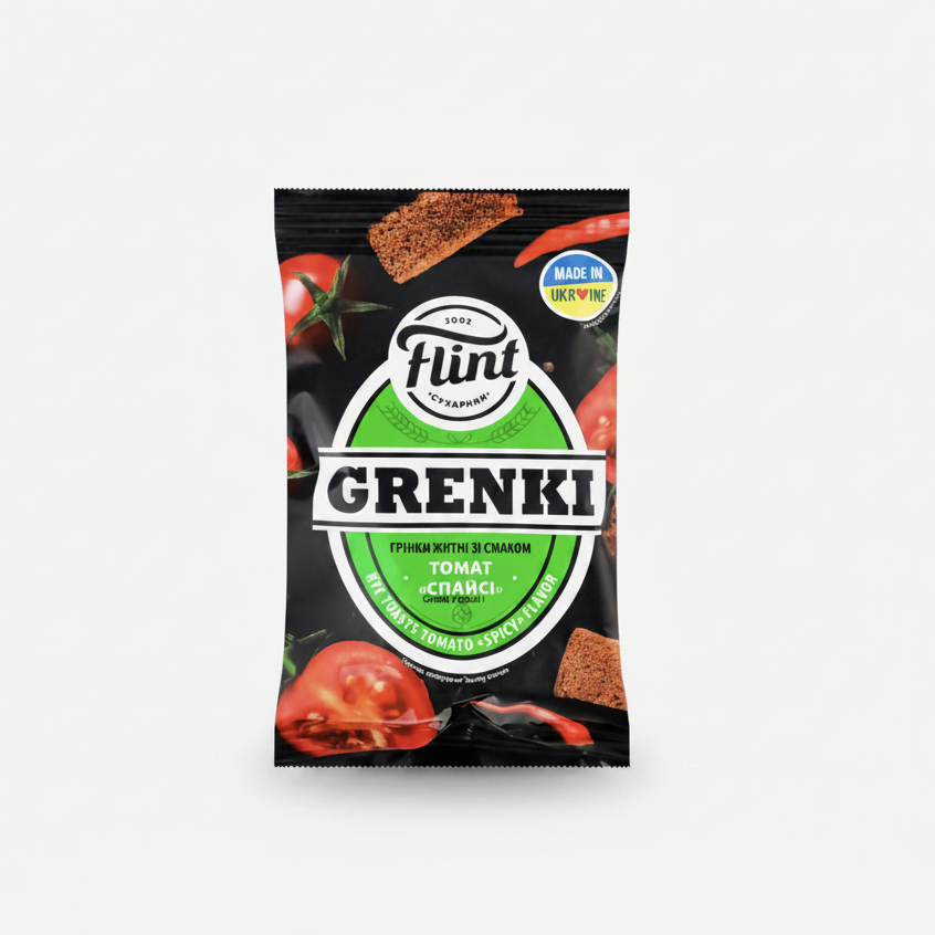 Sachet de croûtons de seigle à la tomate épicée Flint 65 g, épicerie slave en ligne