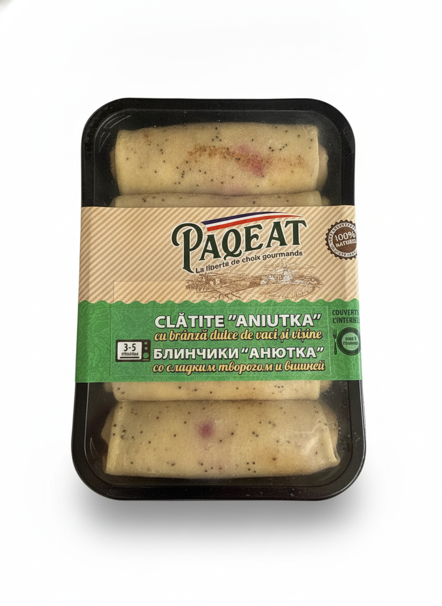 Barquette de crêpes Aniutka Paqeat 450 g, farce brânza et cerises, épicerie slave