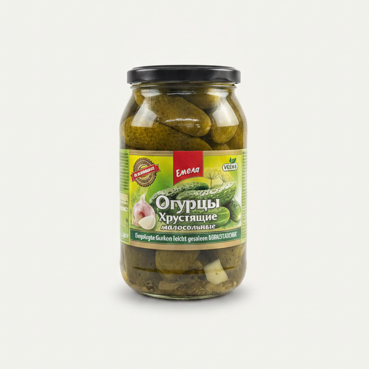 Bocal de cornichons légèrement salés croquants Emelya 800 g, épicerie slave