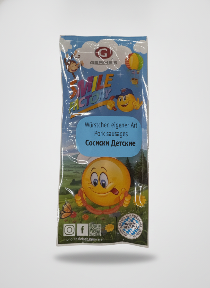 Paquet de saucisses pour enfants Smile Factory Germes 250 g, fabriquées en Bavière, épicerie slave